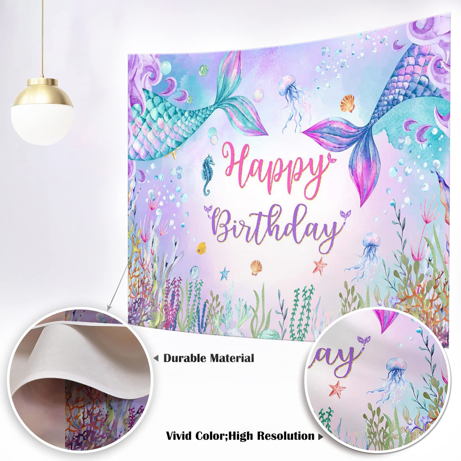 Mocsicka Mermaid Birthday Backdrop Under The Sea Birthday Party Decoration For Girl Blue Purple Mermaid Tails Photography Backgr