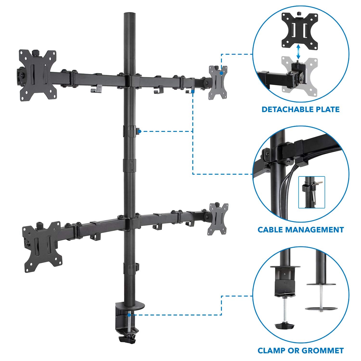 Mount It! 4 Monitor Stand | Quad Monitor Desk Mount | Fits Four Computer Screens 19 21 24 27 29 30 32 Inches | Heavy Duty Height Adjustable Arms | VESA 75 100 Compatible | C Clamp and Grommet Bases