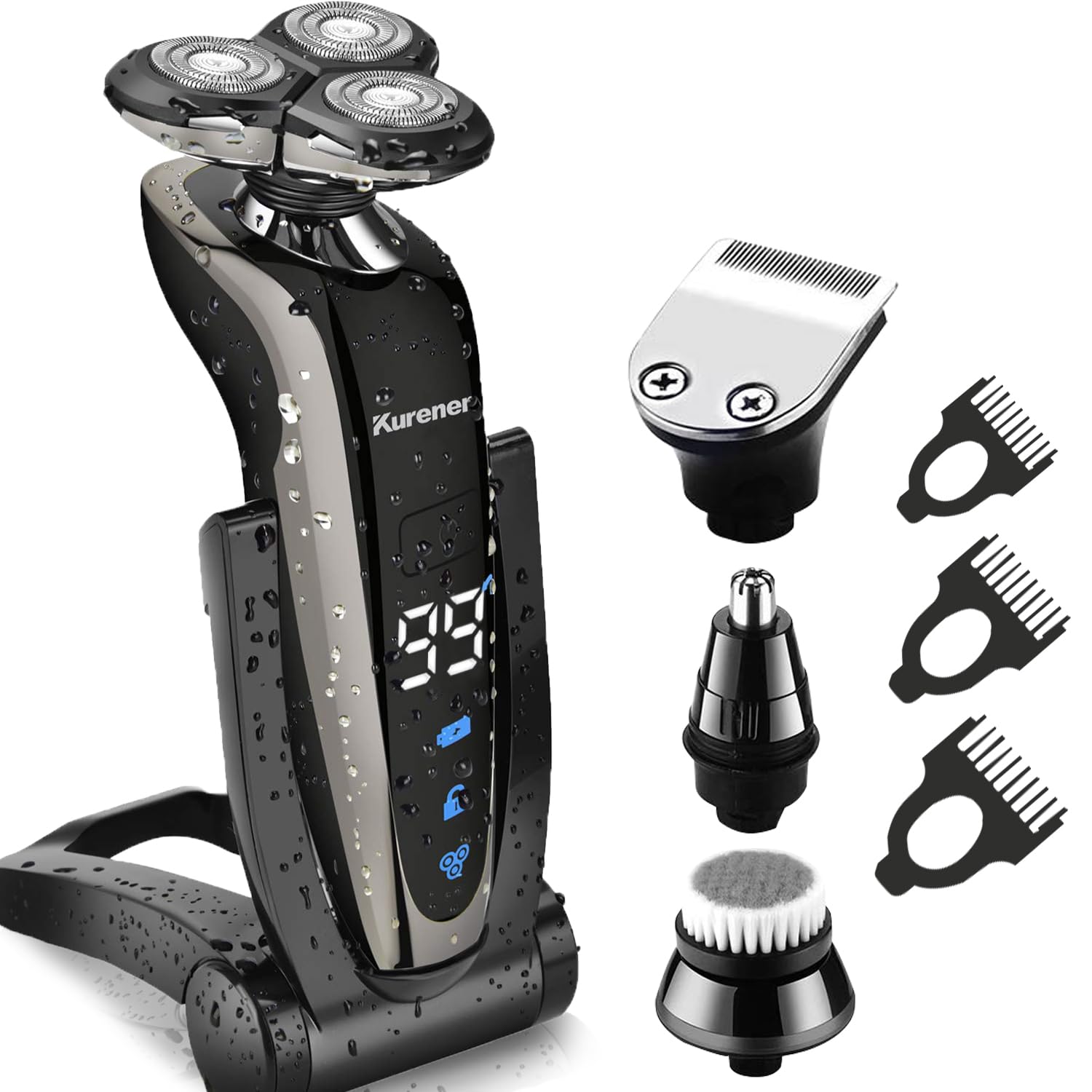 Kurener Electric Shaver Razor For Men Rechargeable 100% Waterproof Rotary For Shaving With Nose Trimmer Sideburns Trimmer Face C