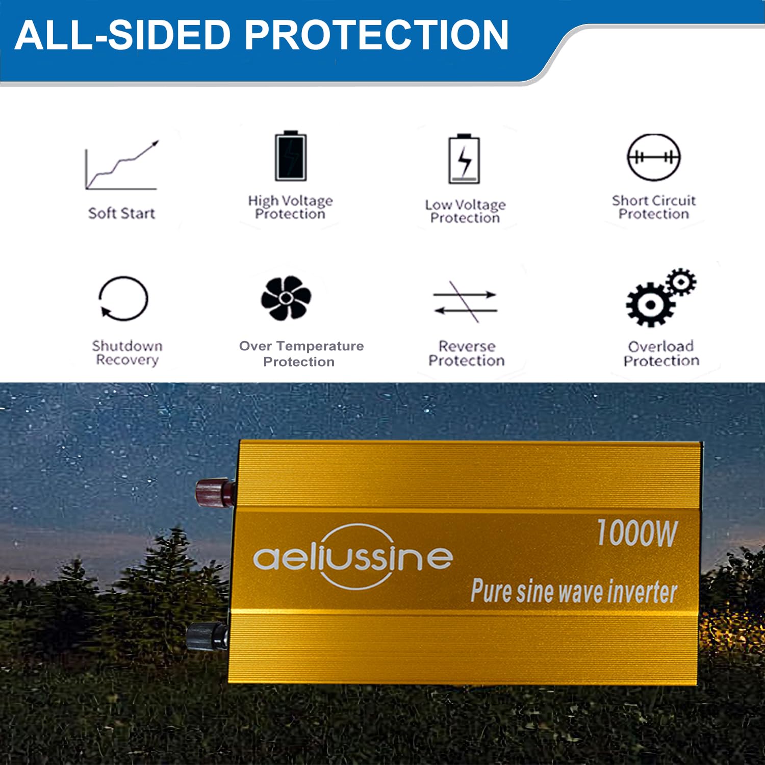 Aeliussine 1000W Pure Sine Wave Inverter-48V Dc To 110V 120V Ac Power Converter With 2 Ac Outlets, 48 Volt Power Inverter For Tr