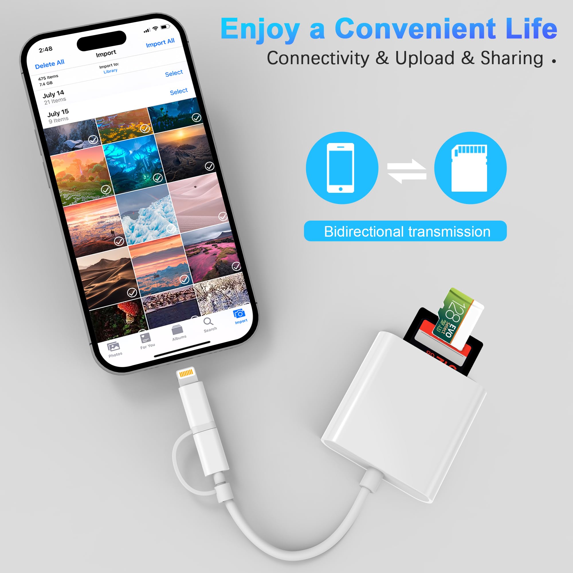 DCNETWORK SD Card Reader for iPhone/iPad - Dual Connector (USB-C & Lightning), 2 Slots, High-Speed, White