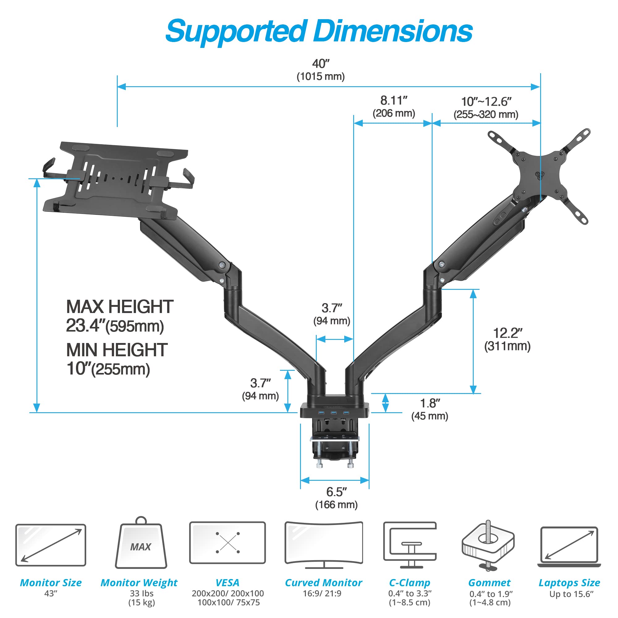 Avlt Dual 17    43'' Monitor Arm Desk Mount With 15'' Laptop Tray And Usb C Docking Station, Hdmi 4K60Hz, Usb A 5Gbps, Ethernet,