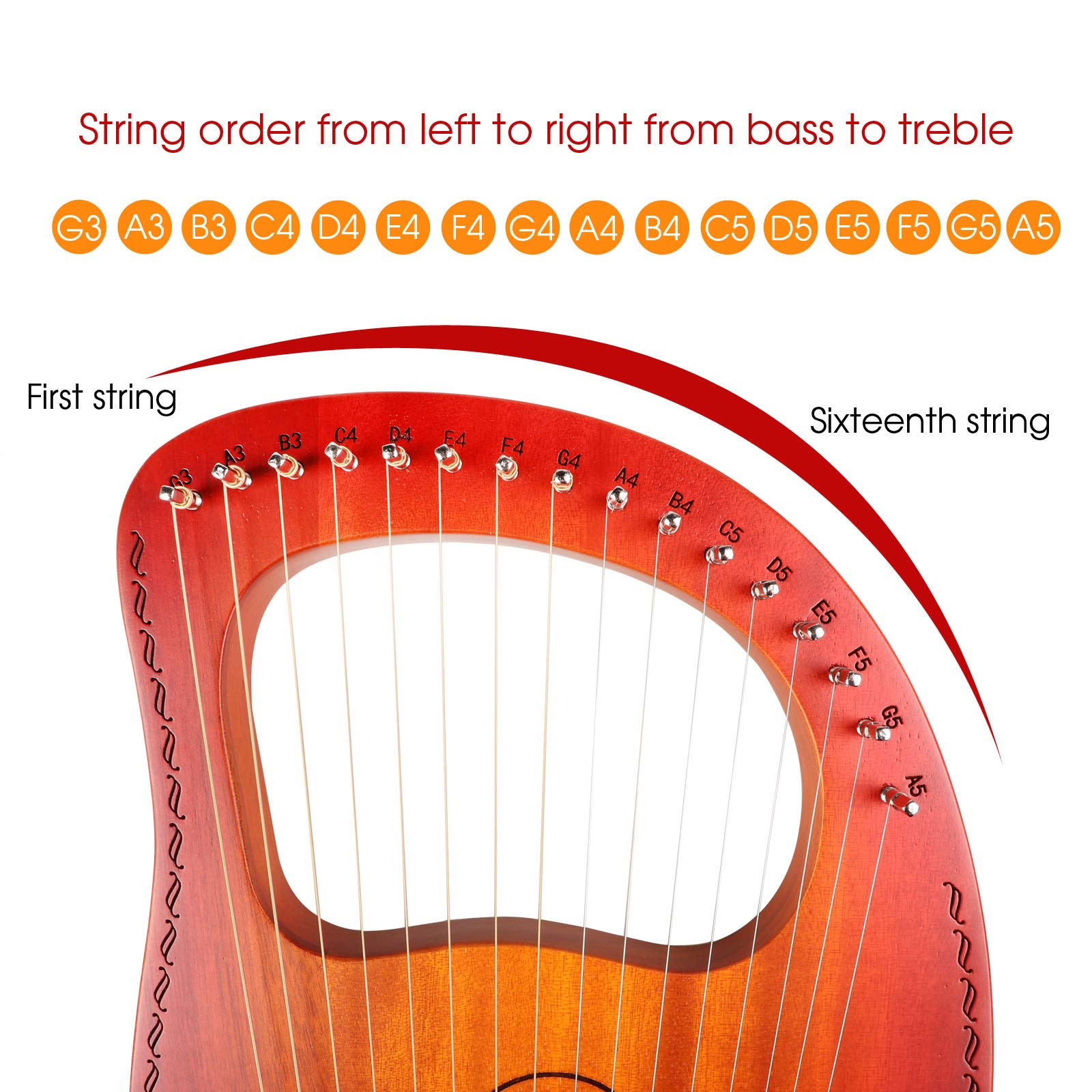 Mr.Power Lyre Harp Ancient Greece Style 16 Metal Strings Lyre With Tuning Wrench Extra String Set And Gig Bag (16 String, Sunburst)