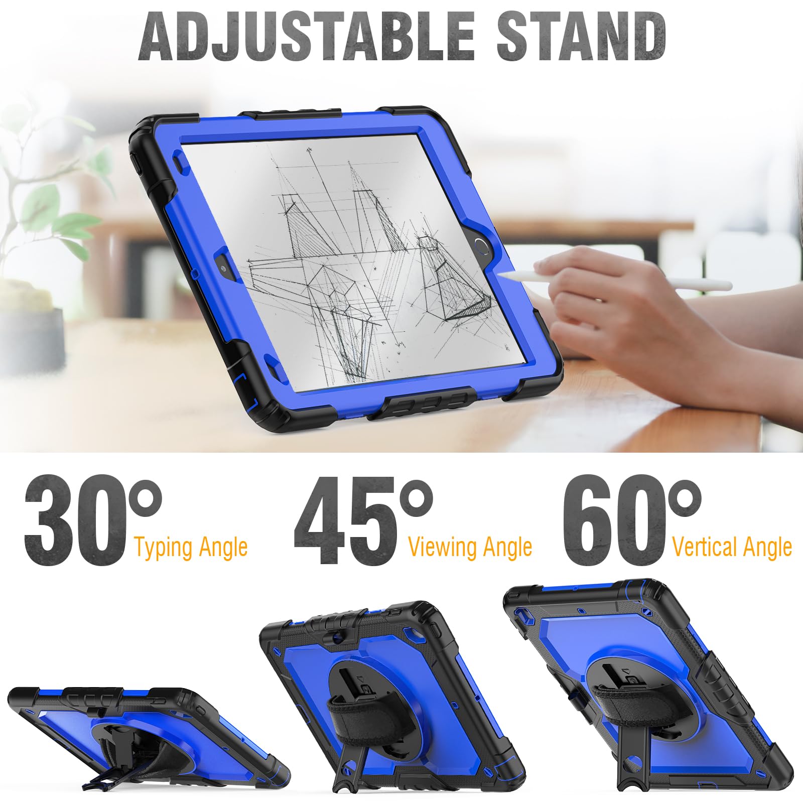 Hxcaseac Case For Ipad 9Th/8Th/7Th Generation 10.2 Inch With Pencil Holder/Hand Strap/Built In Protector/Adjustable Stand, Shock