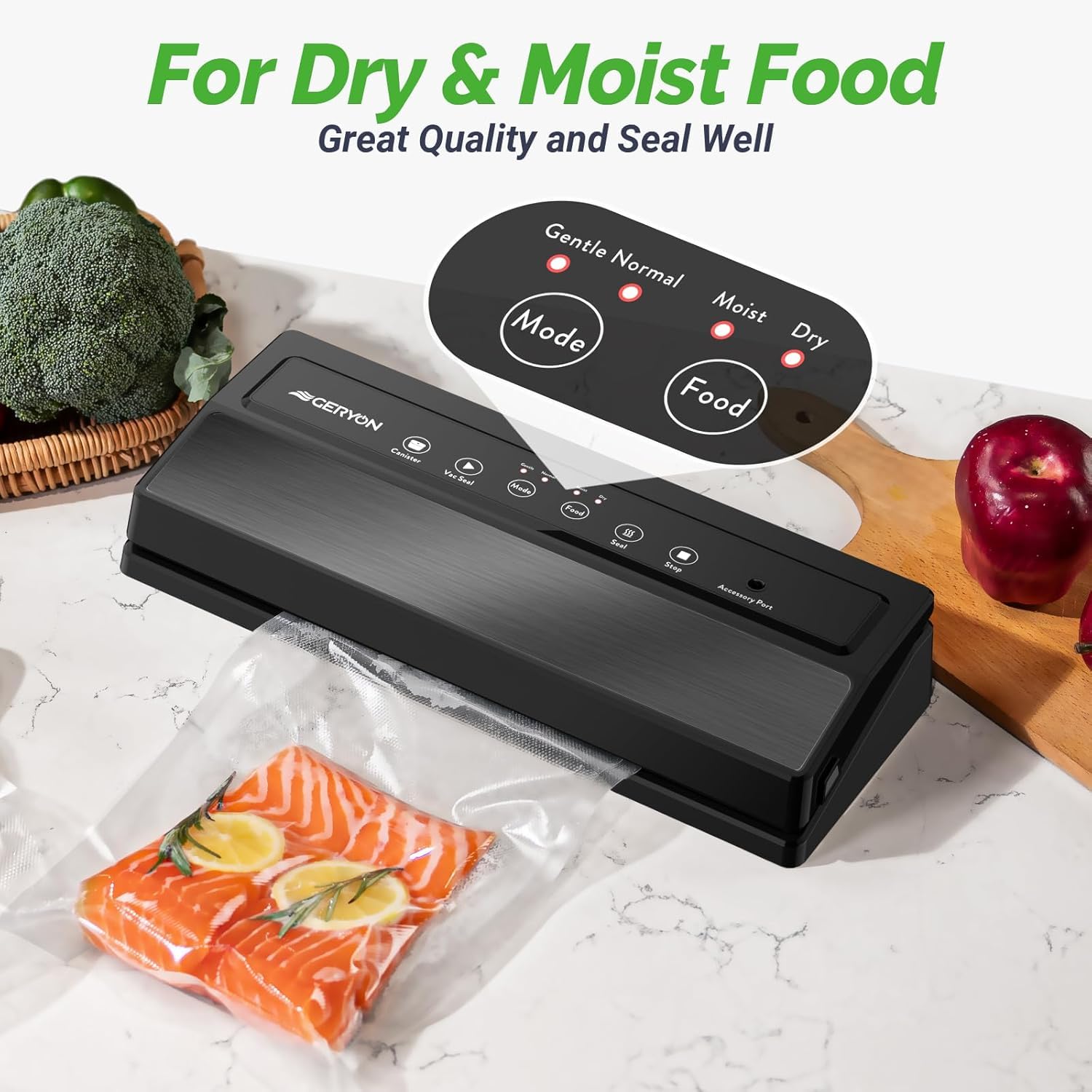 GERYON Vacuum Sealer Machine E2900M - Powerful Suction, Slim Design, Black, 8 Functions, Easy to Use, Includes Starter Kits for Meal Prep