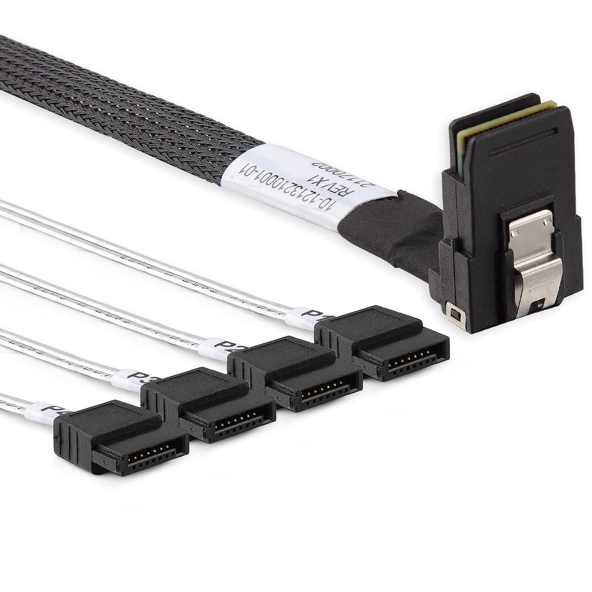 10Gtek# 6G Internal Mini Sas 36Pin Sff 8087 Male To 4X Sata 7Pin Female Fan Out Cable, Right Angle To Straight, 0.5 M (1.6Ft)