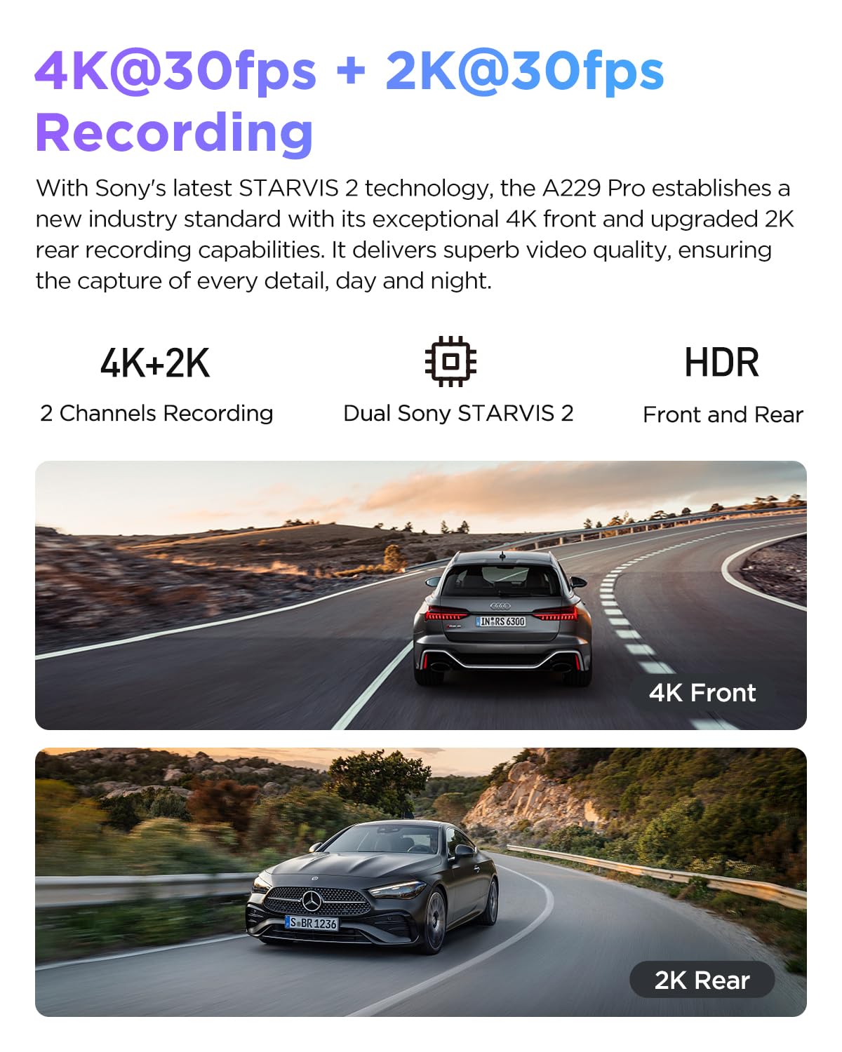 Viofo A229 Pro 4K Hdr Dash Cam, Dual Starvis 2 Imx678 Imx675, 4K+2K Front And Rear Car Camera, 2 Channel With Hdr, Voice Control