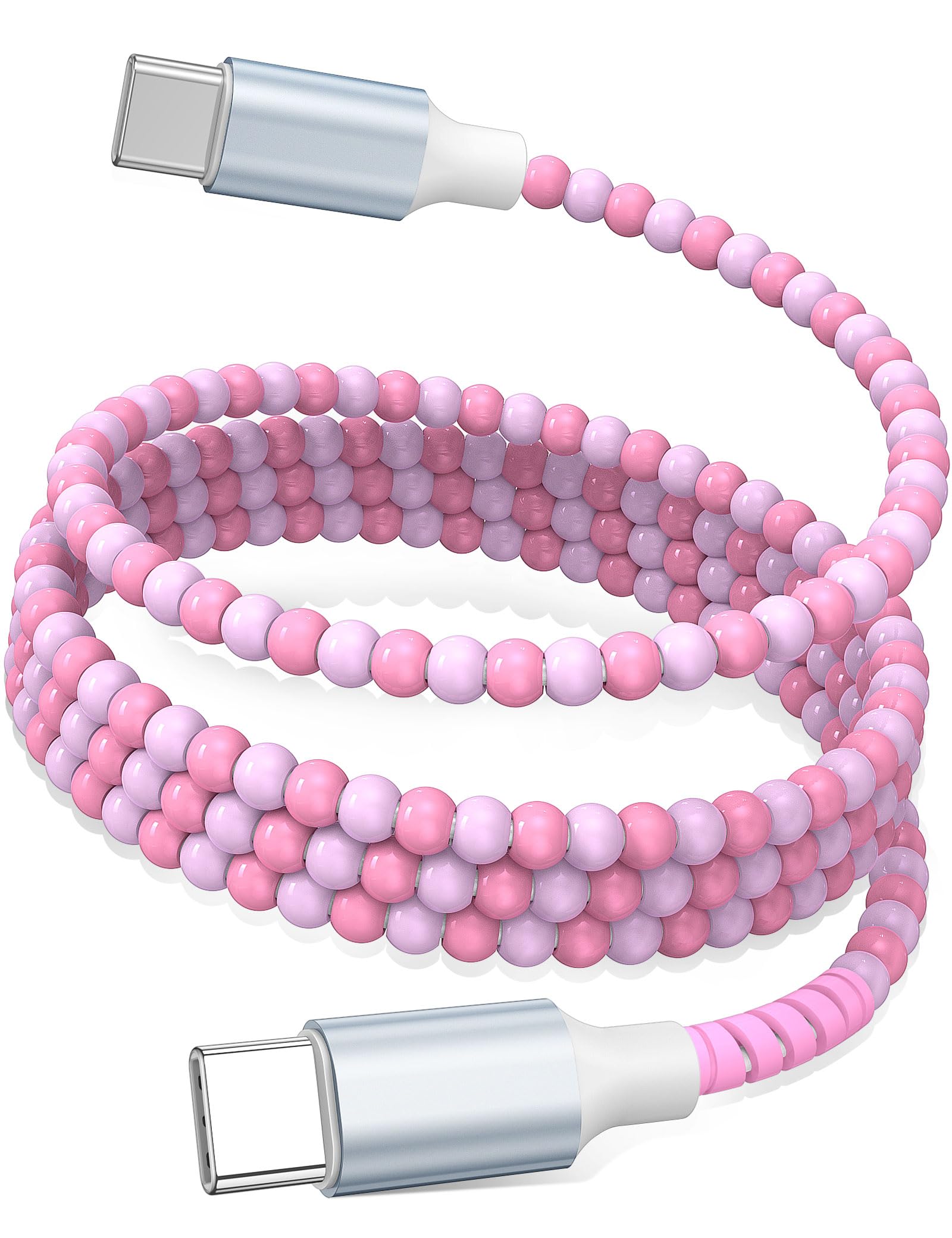AIAUXAI USB C to USB C Cable 6FT,60W Fast Charging Beaded Charger Cord,Pink