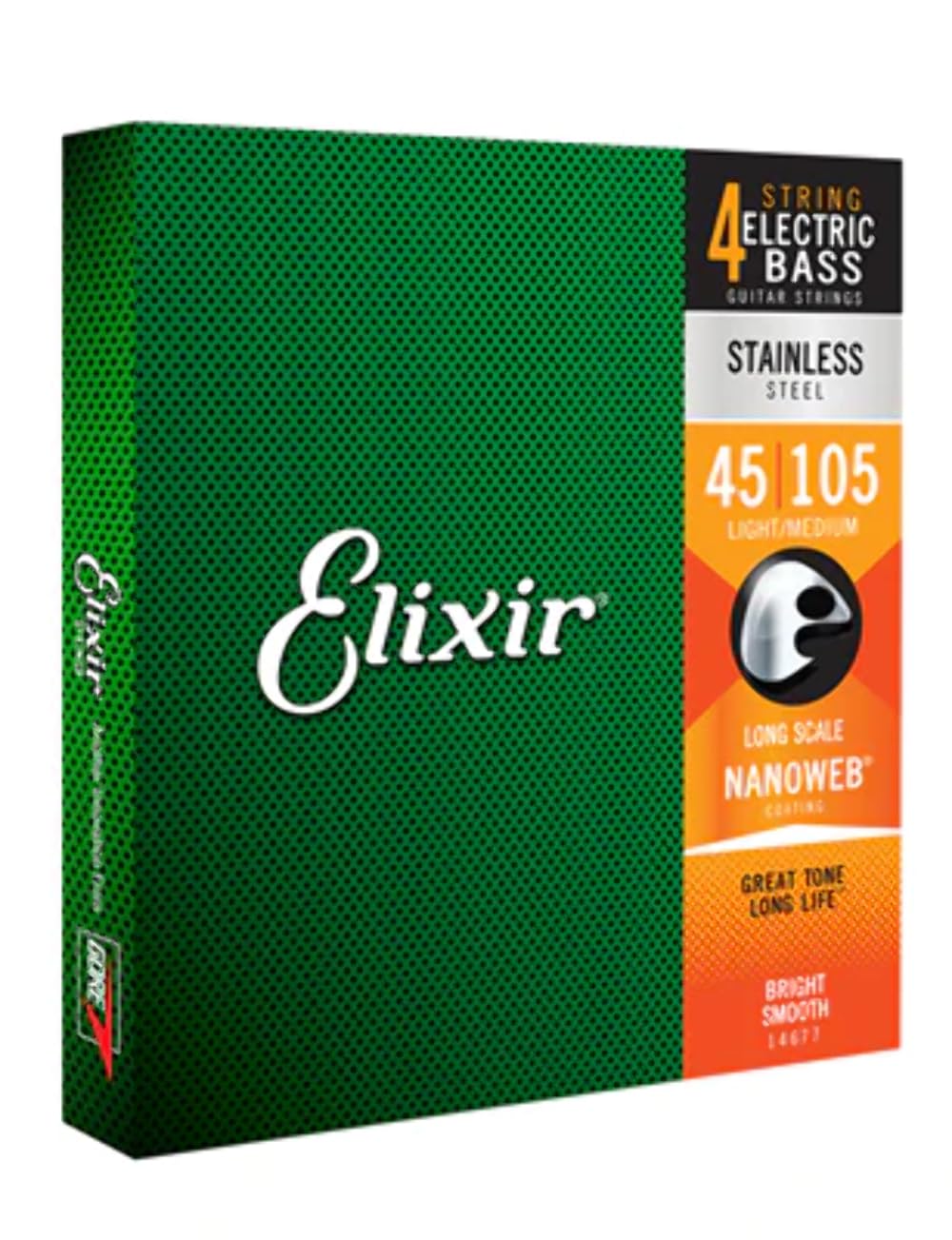 Elixir Strings Stainless Steel 4 String Bass Strings W Nanoweb Coating, Long Scale, Light/Medium (.045 .105)