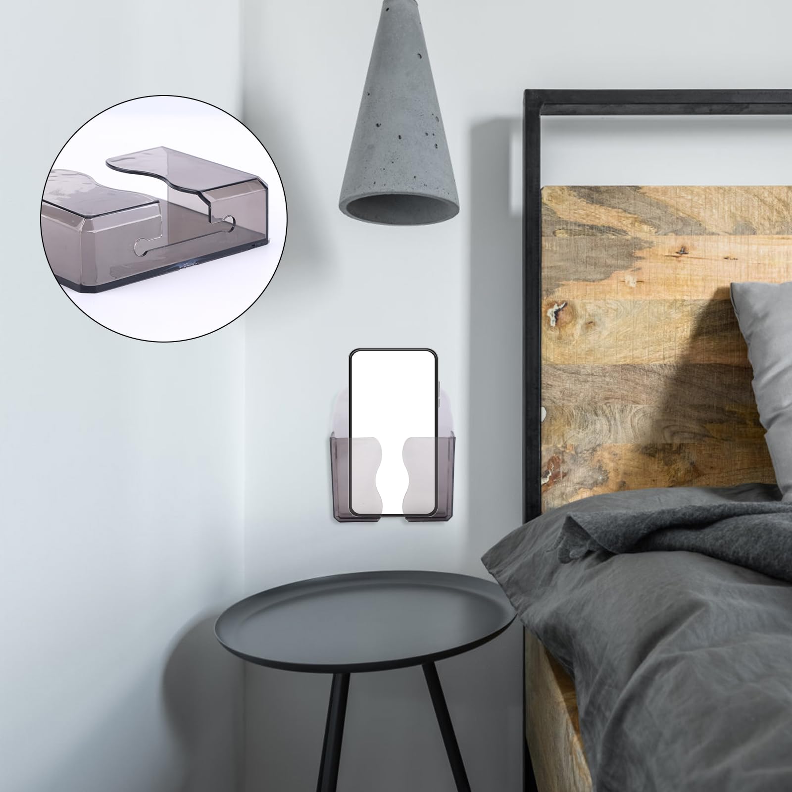 2Pcs Wall Mount Phone Holders, Clear Plastic Self Adhesive With Charging Hole Shelf Stand, Bedside Smartphone Stand Cradle, Cell