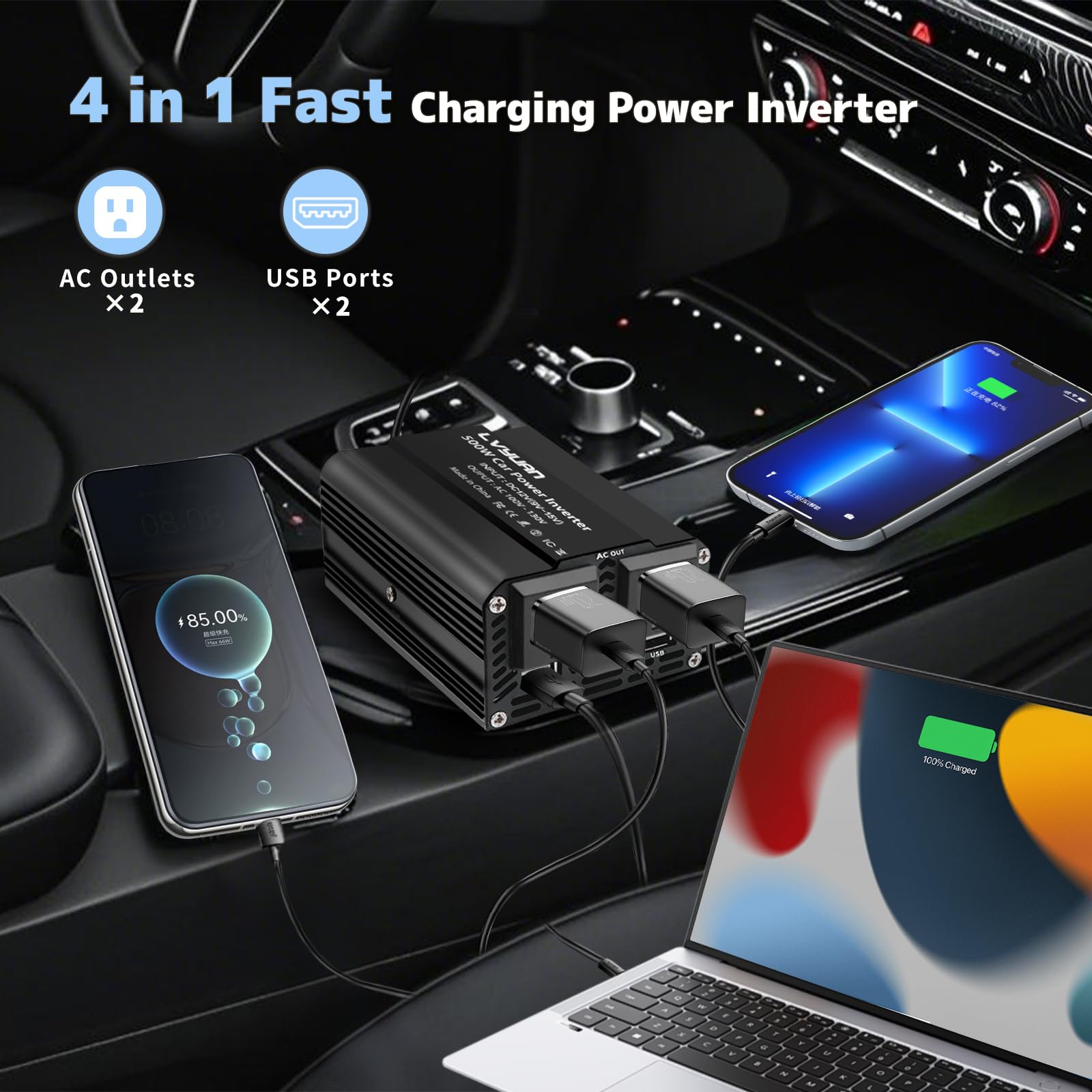 500W Car Power Inverter, Lvyuan Car Outlet Adapter Dual Usb Power Inverter For Vehicles Dc 12V To 110V Ac Car Converter With Dis