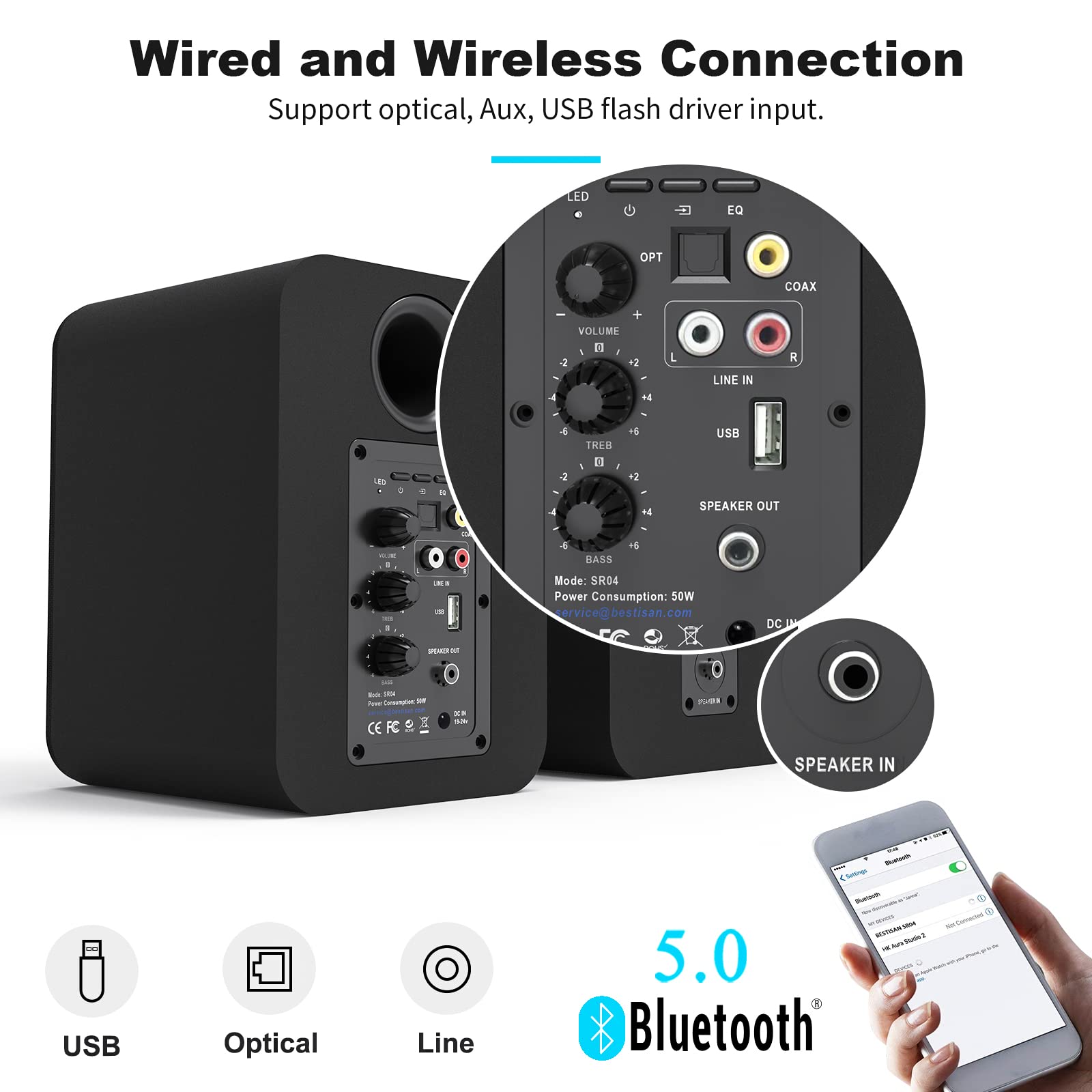 Bestisan Sr04 Bookshelf Speakers, 50W Rms, Bluetooth 5.0, Rca, Coaxial, Optical, Usb Inputs, Black