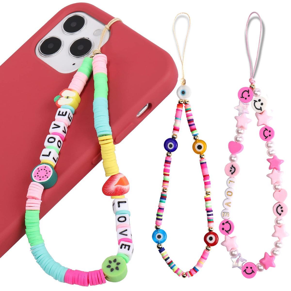 Toovren Beaded Phone Lanyard Wrist Strap 3Pcs, Smiley Face Beaded Iphone Charm Handmade Fruit Star Clay Pearl Rainbow Color Bead