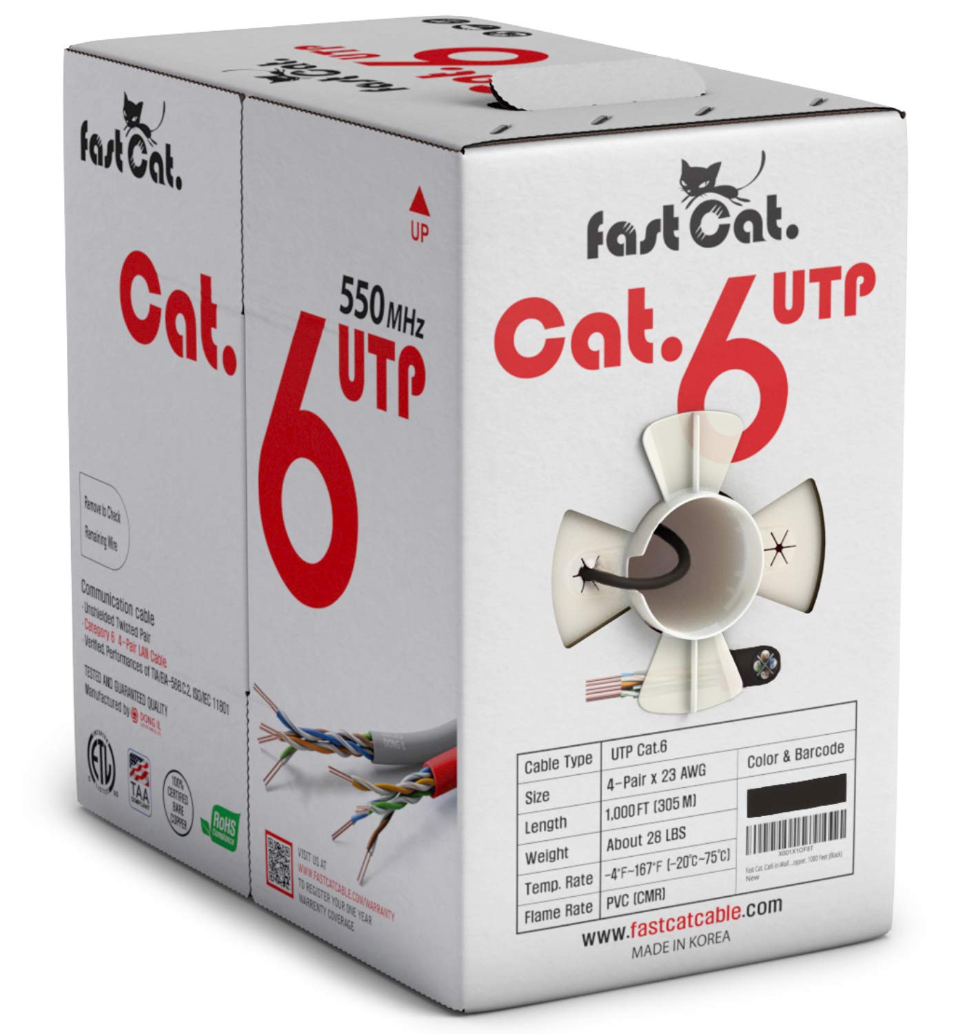 Fast Cat. Cat6 Ethernet Cable 1000Ft   23 Awg, Cmr, Insulated Solid Bare Copper Wire Cat 6 Cable With Noise Reducing Cross Separator   550Mhz / 10 Gigabit Speed Utp Lan Cat6 Cable 1000Ft   Cmr (Black)