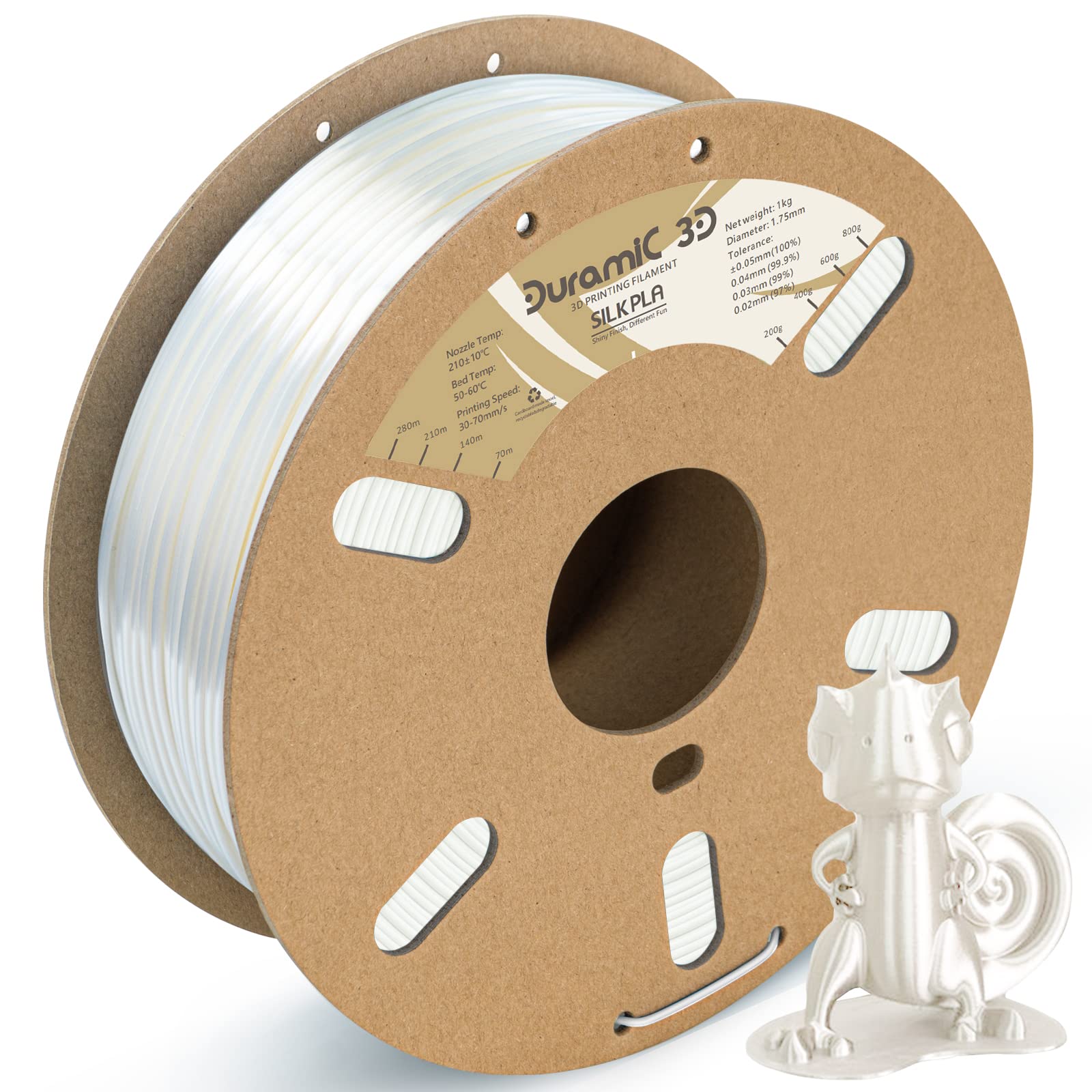 DURAMIC 3D Shiny Silk PLA Filament 1.75mm Shiny Metallic PLA Filament Dimensional Accuracy +/- 0.05 mm White