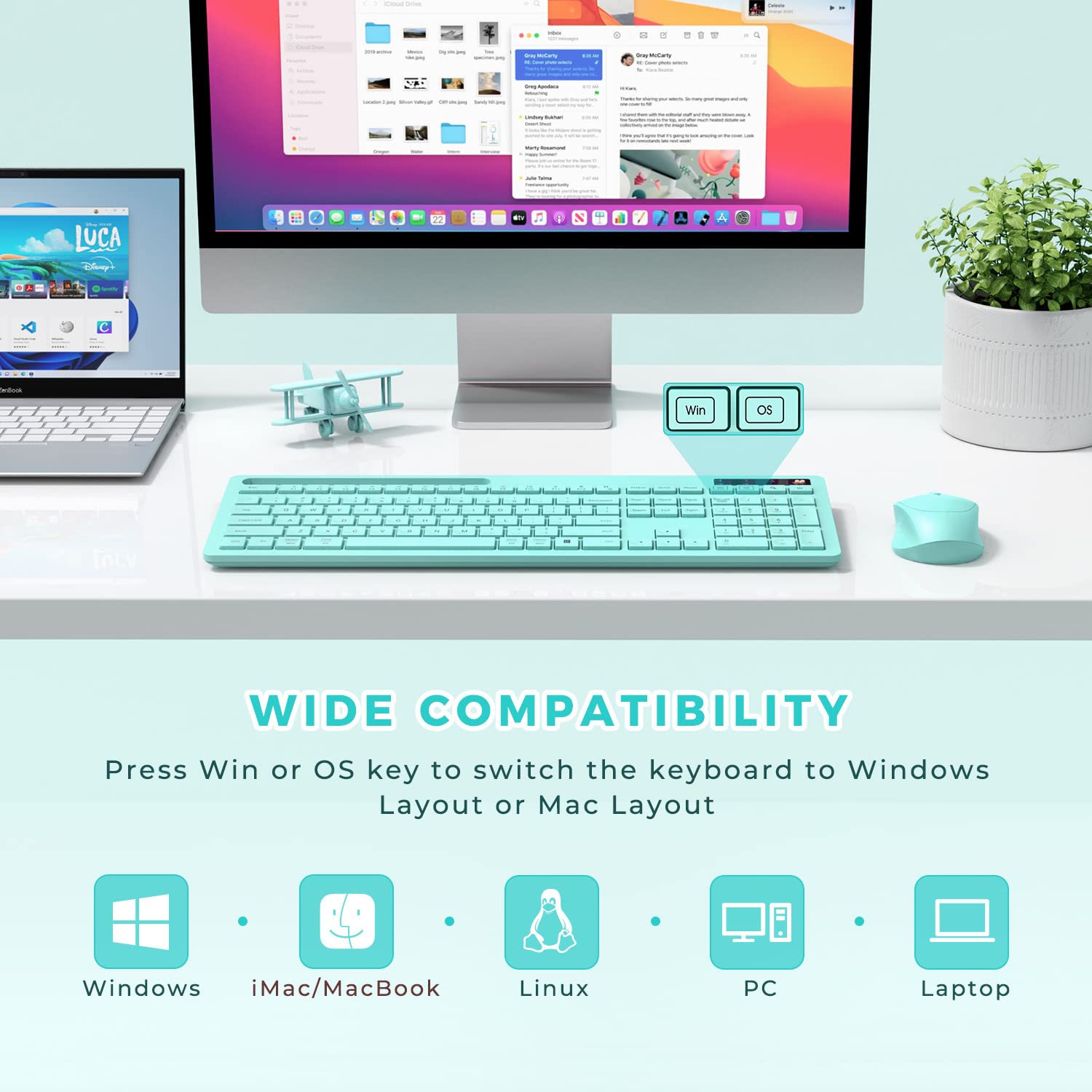 Vivefox Teal Wireless Keyboard With Phone Holder Usb A & Type C Receiver Mint Keyboard And Mouse Compatible For Windows, Mac, Ma