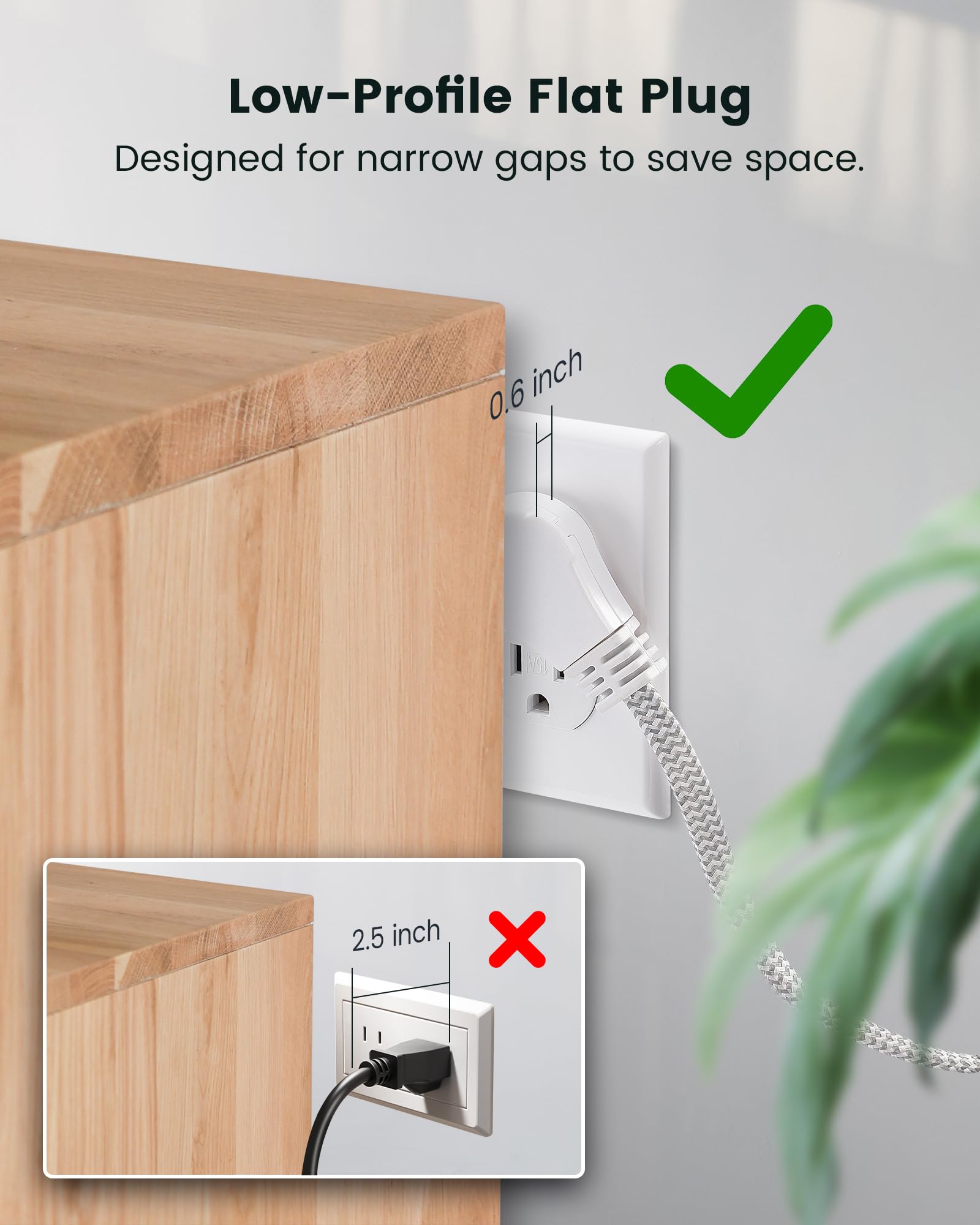 Suraielec 20Ft 360 Rotating Flat Plug Extension Cord Flat Wall Plug With 3 Outlets, Braided Flat White Extension Cord For Indoor