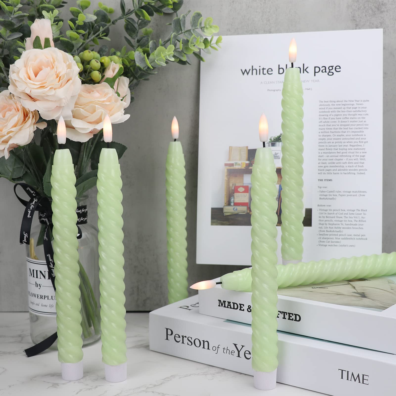 Lasumora Easter Taper Candles Green Pastel Flameless Flickering With Remote Timer, Battery Operated Warm 3D Wick Led Spiral Cand