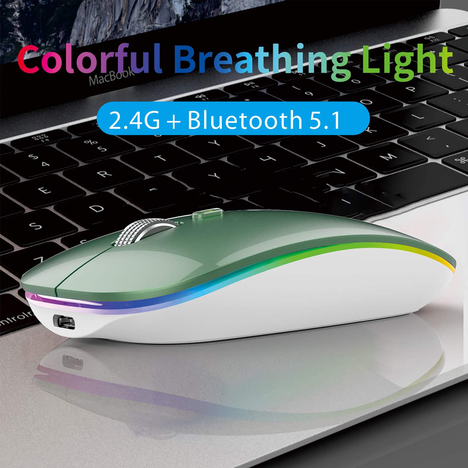 Tenmos Wireless Bluetooth Mouse, Led Slim (Bluetooth 5.1 + Usb) 2.4Ghz Rechargeable Silent Bluetooth Wireless Mouse For Laptop/Macbook/Ipad Os 13 And Above (Blackish Green)