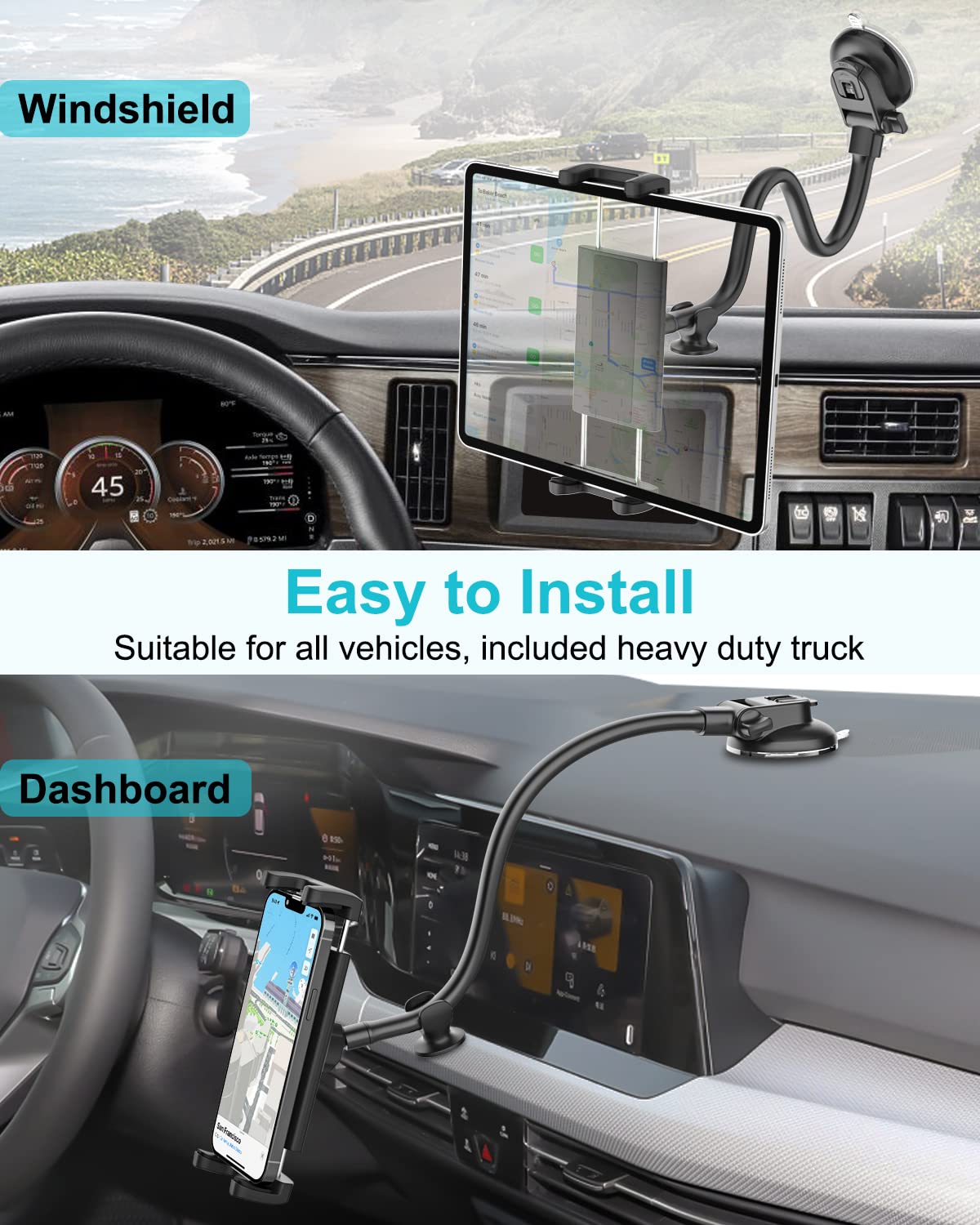Dosvsi Car Tablet Holder - Windshield/Dashboard Suction Cup Mount, 360 Rotation & Flexible Gooseneck Cradle For Ipad, Galaxy Tab