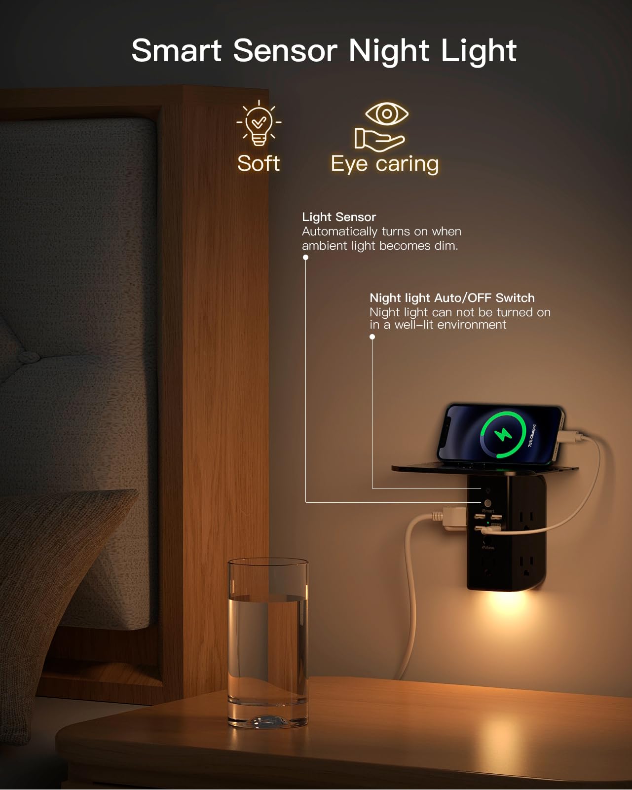 Wall Outlet Extender With Shelf And Night Light,Surge Protector,Usb Wall Charger With 5 Usb Outlets And 3 Usb Ports 1 Usb C Outl