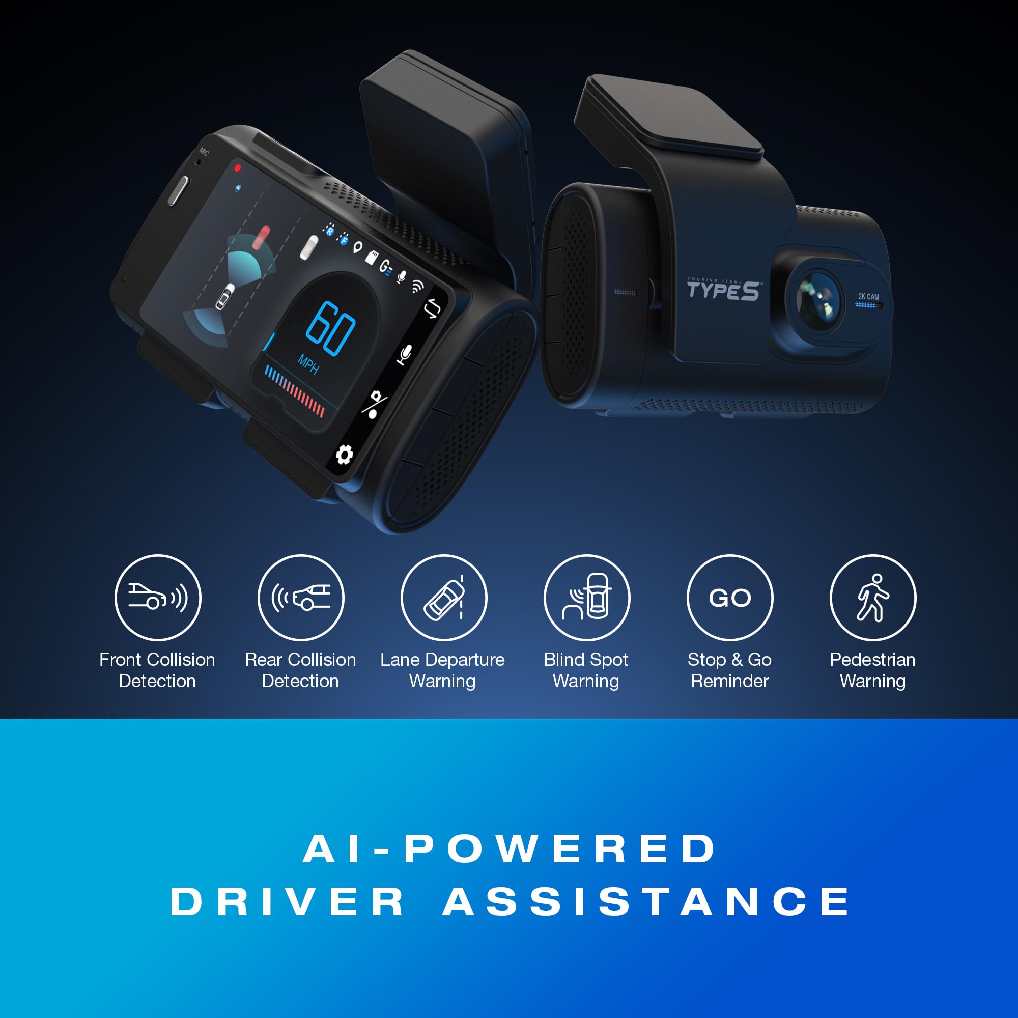 Type S T200 Ai Driver Assistance Dash Cam Powered By Adas, 1440P, Collision Alerts, Lane And Pedestrian Detection, Vehicle Depar