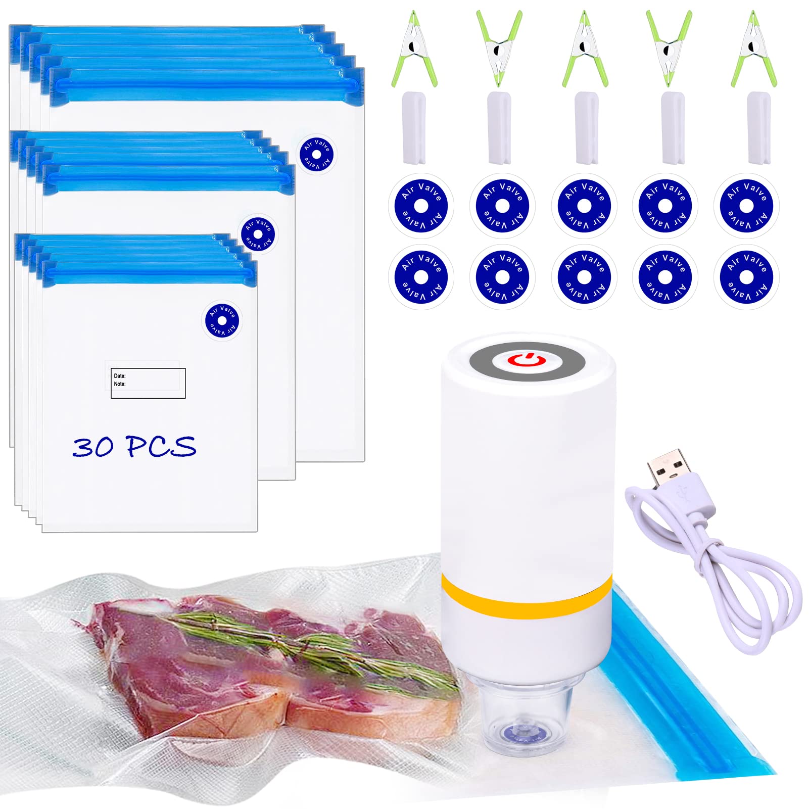Sous Vide Bags, 42 Pcs Electric Food Vacuum Sealer Set For Anova, Joule Cookers  30 Pcs Reusable Storage Sealer Bags,5 Clips & 5