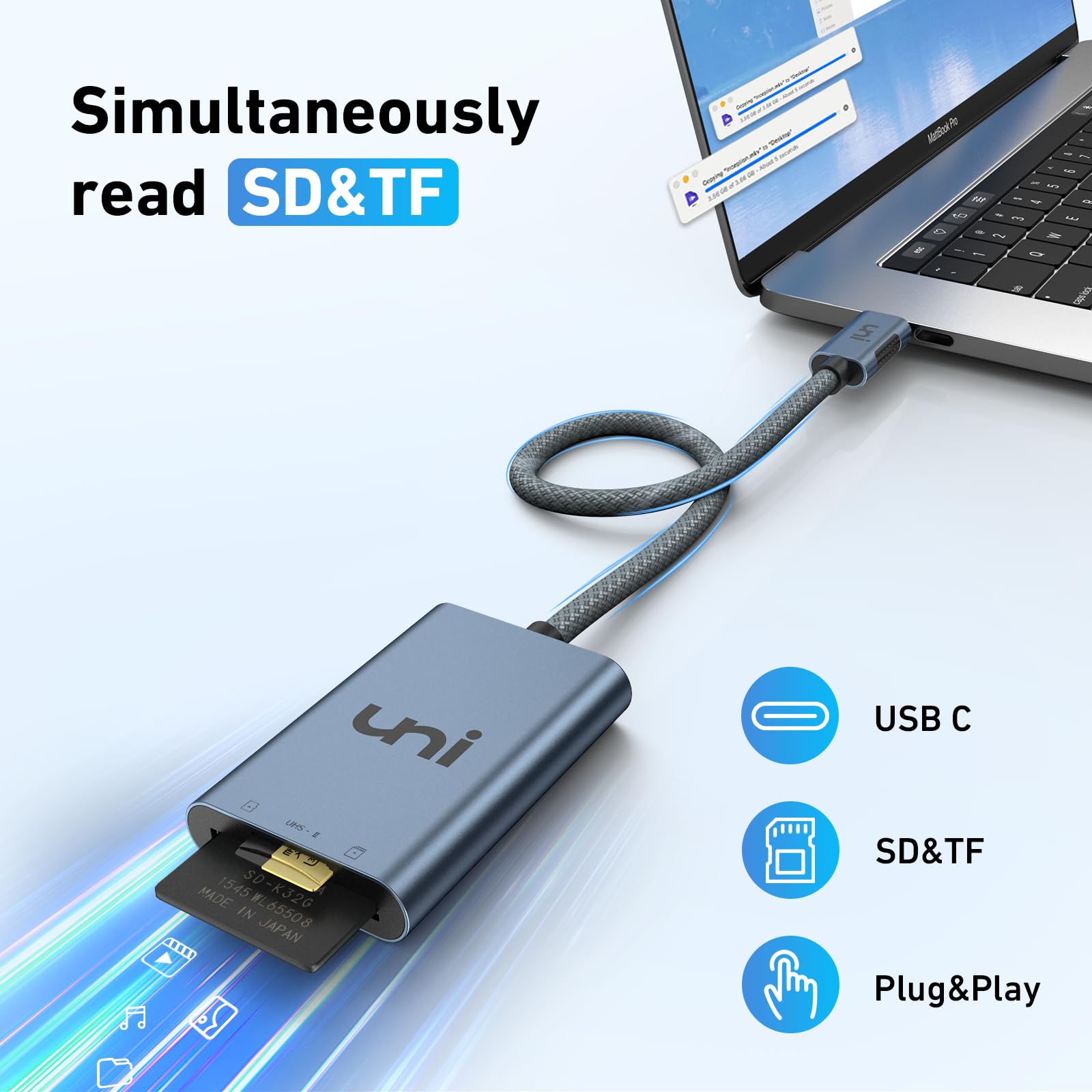 uni USB-C SD 4.0 Card Reader, UHS-II Adapter for Micro SD/SD/SDXC, Midnight Blue, Model UA126-24