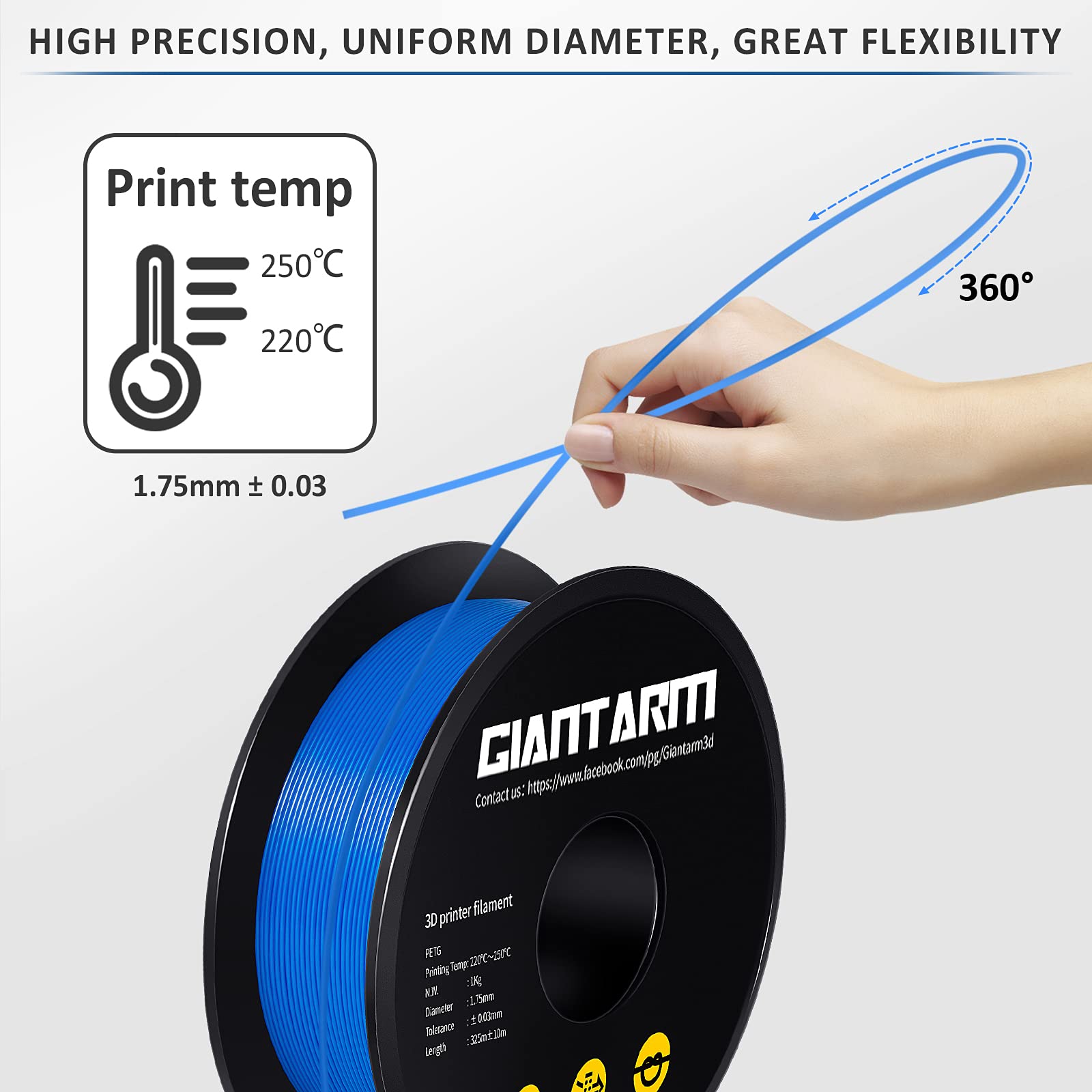 Giantarm Blue Petg 3D Printer Filament 1Kg (2.2Lbs) Toughness Enhanced,1.75Mm Dimensional Accuracy +/ 0.02Mm, 1080 Feet(330M)Per