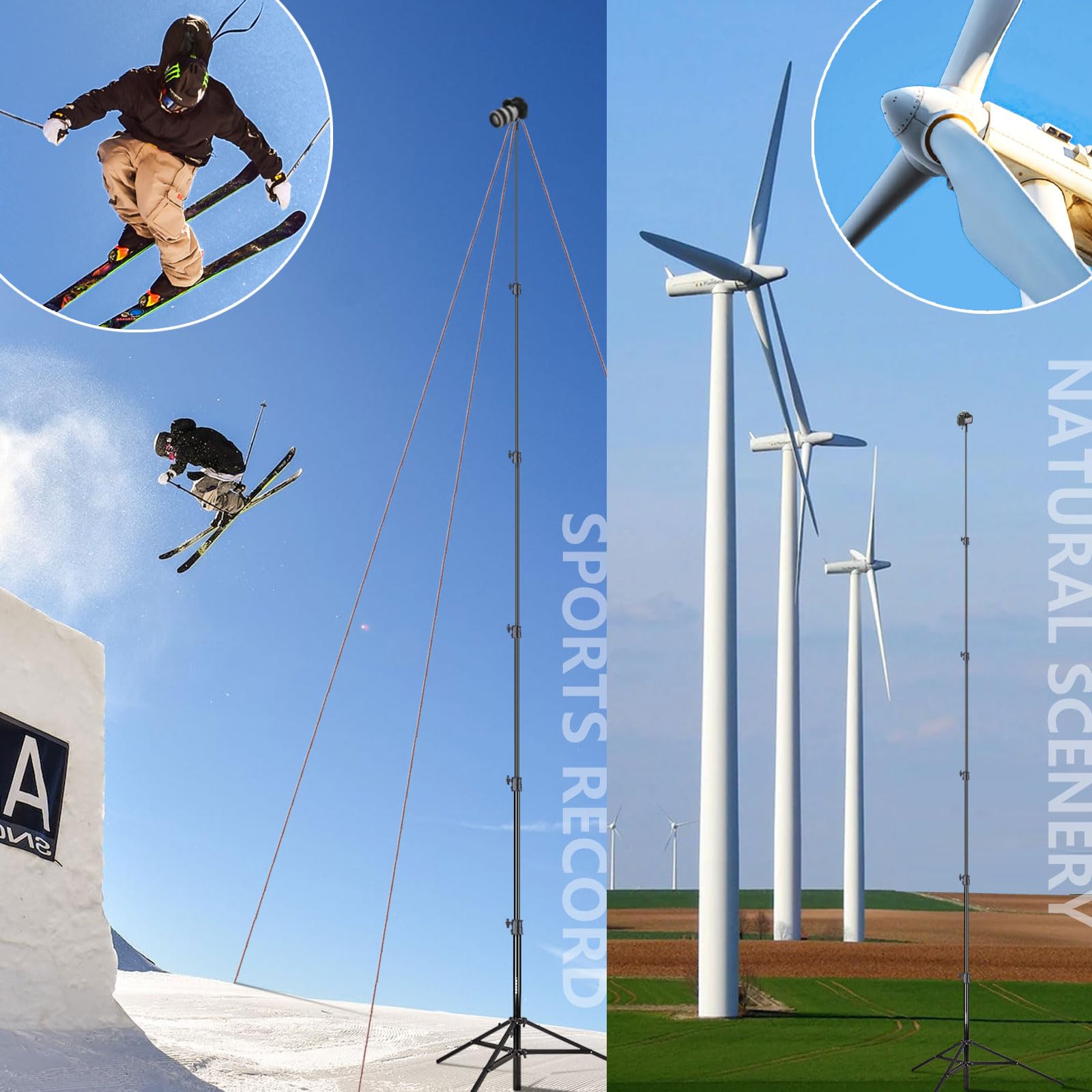 Raubay 24' Tall Tripod Stand, Extreme Tall Heavy Duty Sports Camera Video Tripod, Spring Telescoping Aluminium Alloy Large Light