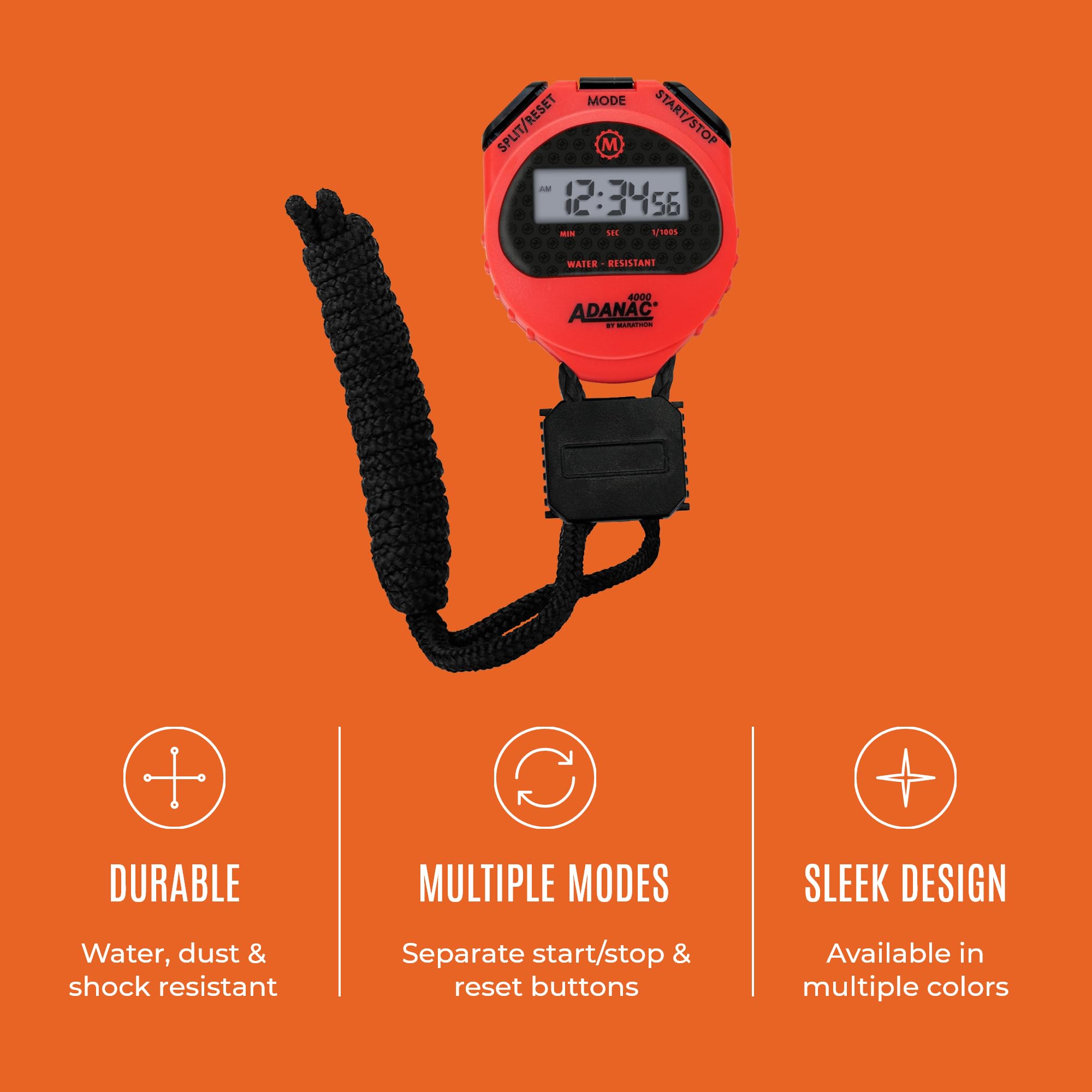 Marathon Adanac 4000 Digital Stopwatch Timer, Red   High Precision Accuracy To 1/100Th Seconds   Water, Dust & Shock Resistant   46� Lanyard Included