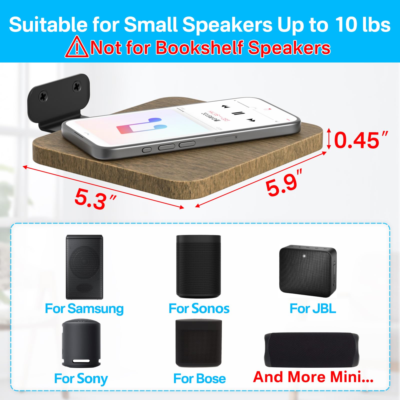 Universal Rear Speaker Wall Mount For Samsung, Roku, Sony, Jbl, Vizio, Lg Small Speaker Mount   Wooden Adjustable Speaker Shelf