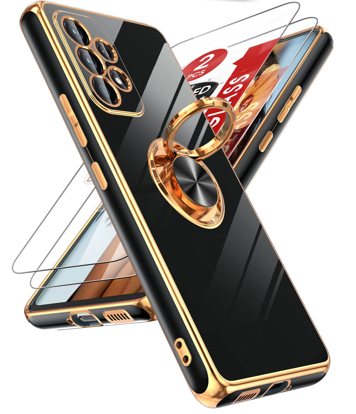 Leyi For Galaxy A53 5G Phone Case: With Tempered Glass Screen Protector [2 Pack] 360    Rotatable Ring Holder Magnetic Kickstand