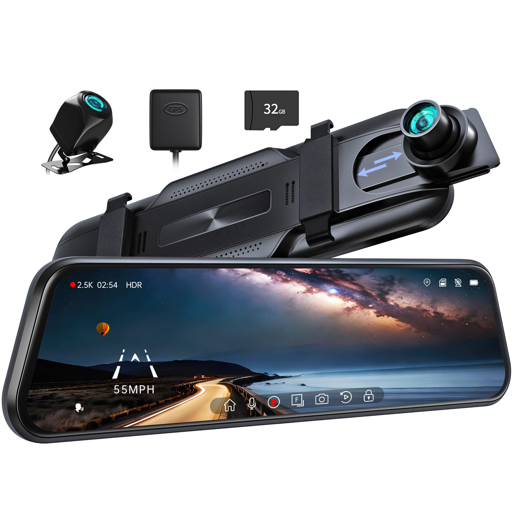 Pelsee P10 2.5K Rear View Mirror Camera, 10'' Mirror Dash Cam Smart Driving Assistant W/Adas And Bsd, Front And Rear Camera For 