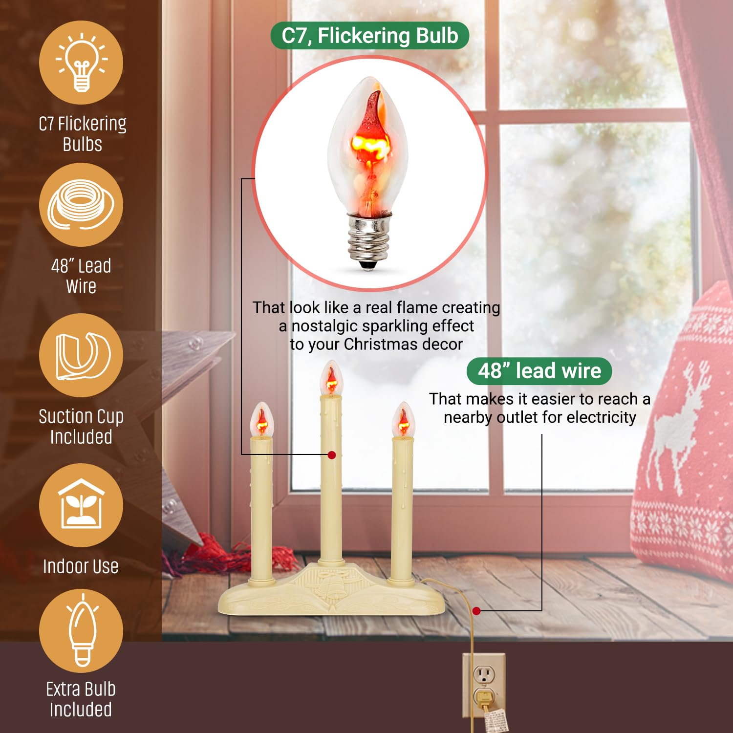 Tupkee Christmas Candolier Window Candles   With Flickering Bulbs   3 Lights Indoor   Flameless Electric Window Candles Candelab