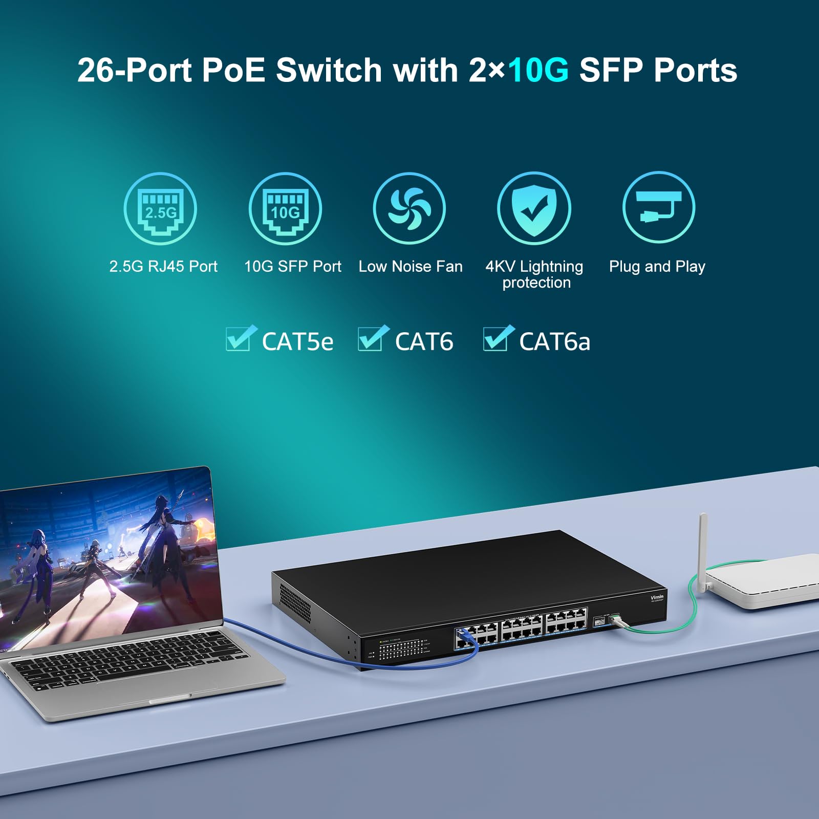 24 Port 2.5G Poe Switch With 2X10G Sfp, 24   2.5G Base T Poe Ports+10G Sfp, 26 Port Poe Switch Unmanaged 160Gbps Ethernet Switch