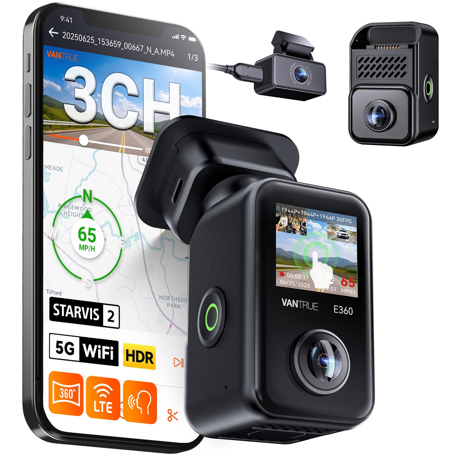 Vantrue E360 Plus 3 Channel 360 Degree WiFi Dash Cam, Dual STARVIS 2, Triple1944P Front Rear and Inside Dashcam, HDR IR Night Vi