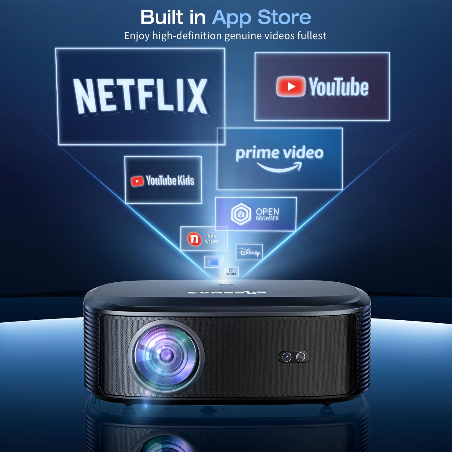 4K Projector With Wifi And Bluetooth, Elephas Outdoor Movie Projector With Netflix/Prime Video/Youtube Built In, 100,000+ Apps S