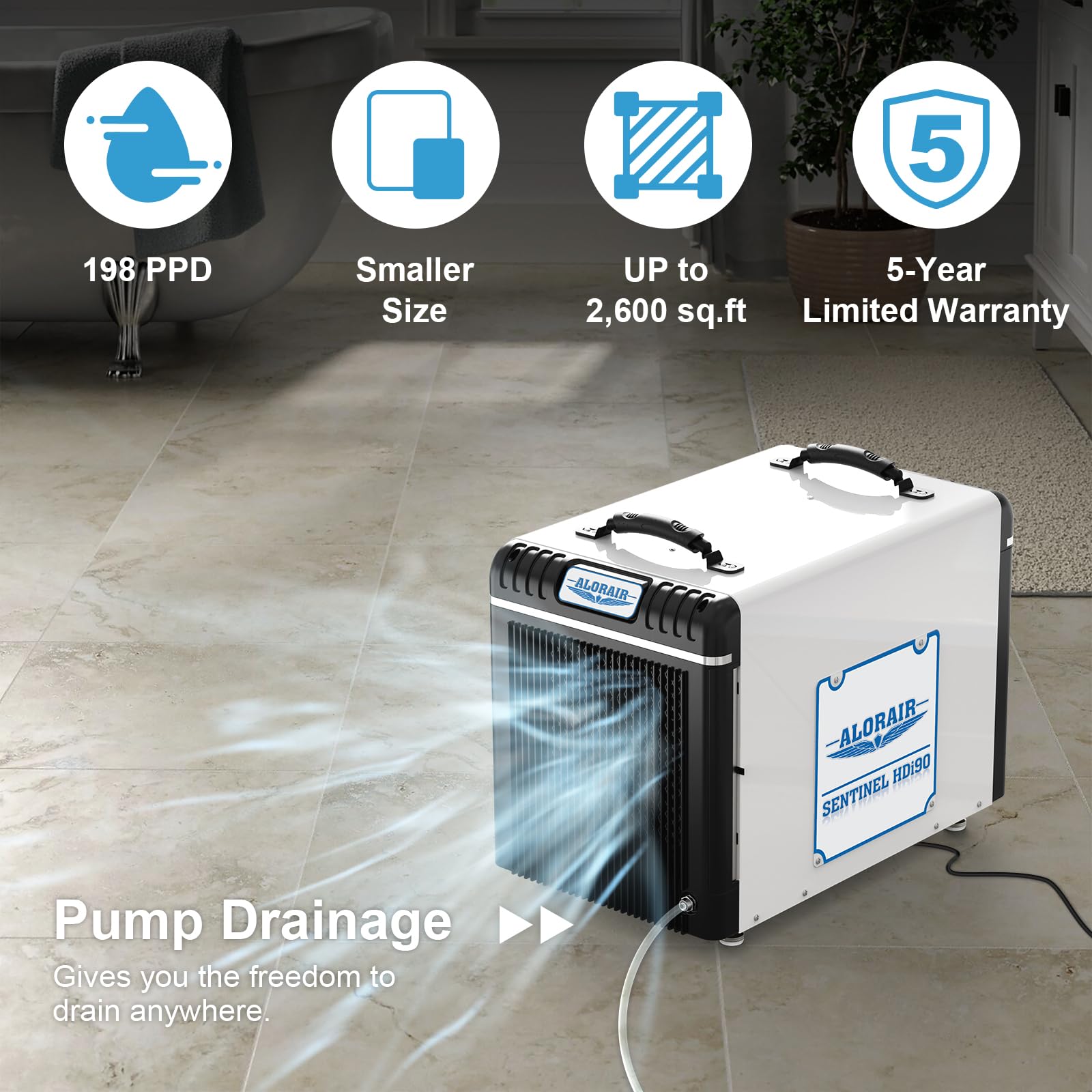 Alorair Basement/Crawlspace Dehumidifiers 198 Ppd (Saturation), 90 Pints (Aham), Condensate Pump, Auto Defrosting, Rare Earth Alloy Tube Evaporator