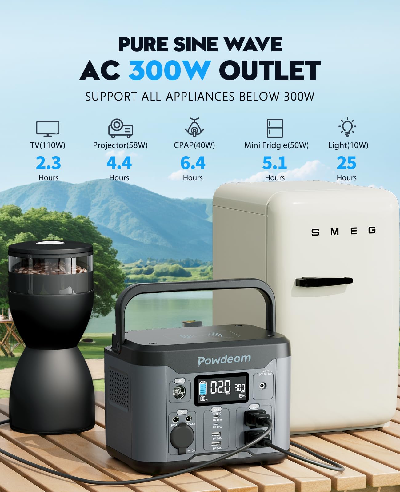 300W Portable Power Station, Powdeom 296Wh Power Bank With Ac Outlet, Solar Generator Laptop Charger, Battery Backup Power Suppl