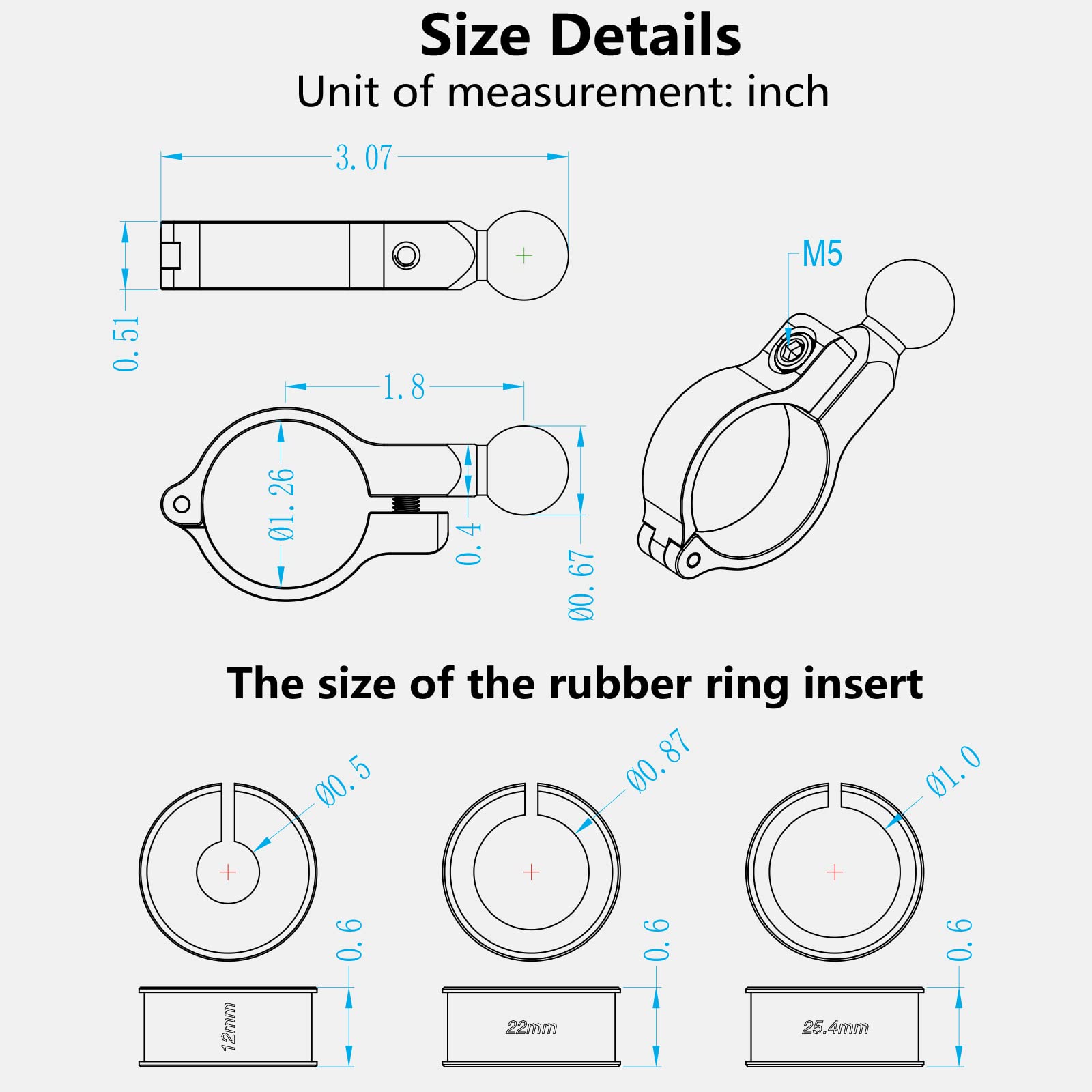 Brcovan Aluminum Alloy Handlebar Clamp Mount Base With 17Mm Tpu Ball For Round Rails Diameter 0.5'' 0.87'' 1'' 1.26'', Compatibl