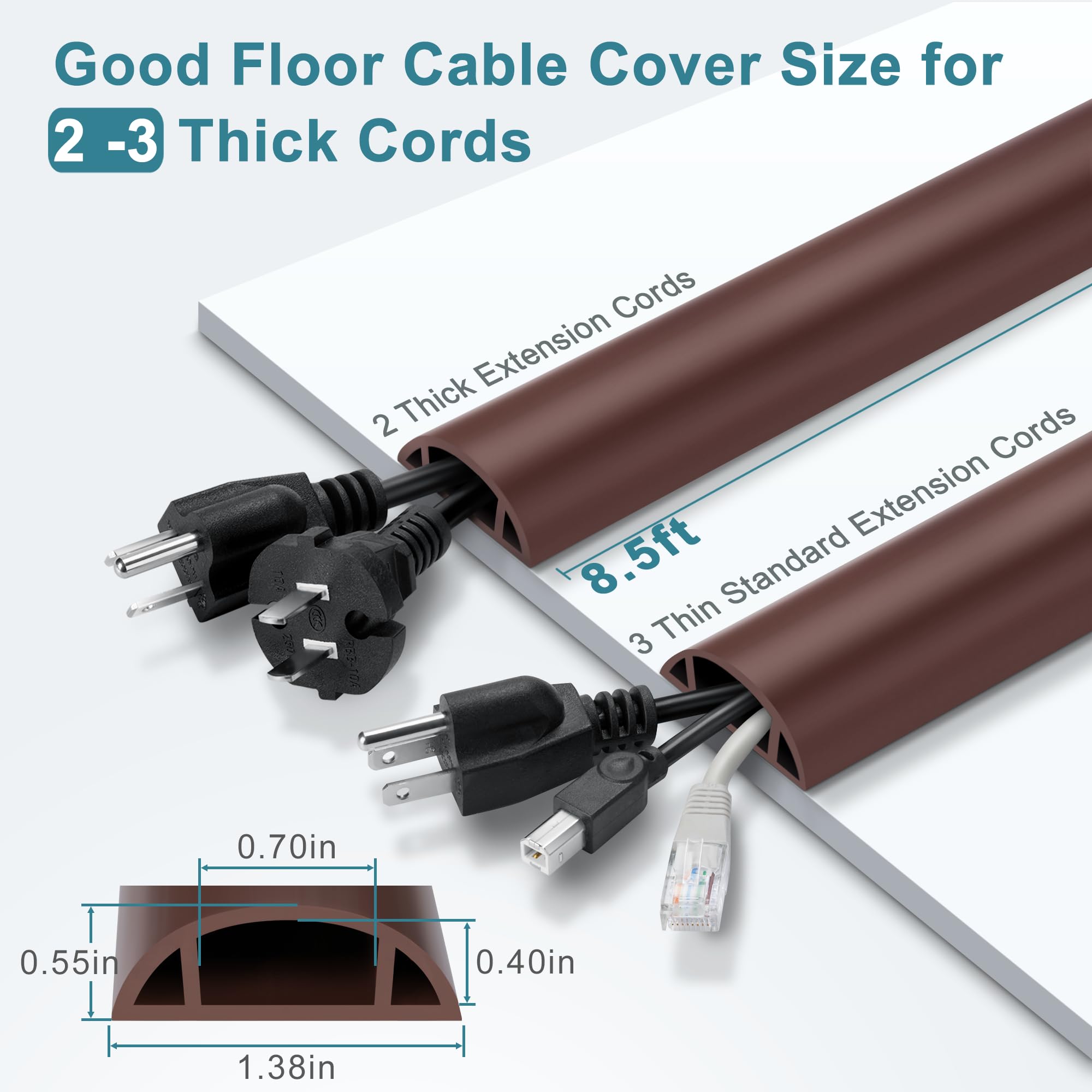 8.5Ft Cord Covers For Wires On Floor, Brown Floor Cable Cover, Flexible Extension Cord Cover For Floor Cable Management, Wire Co