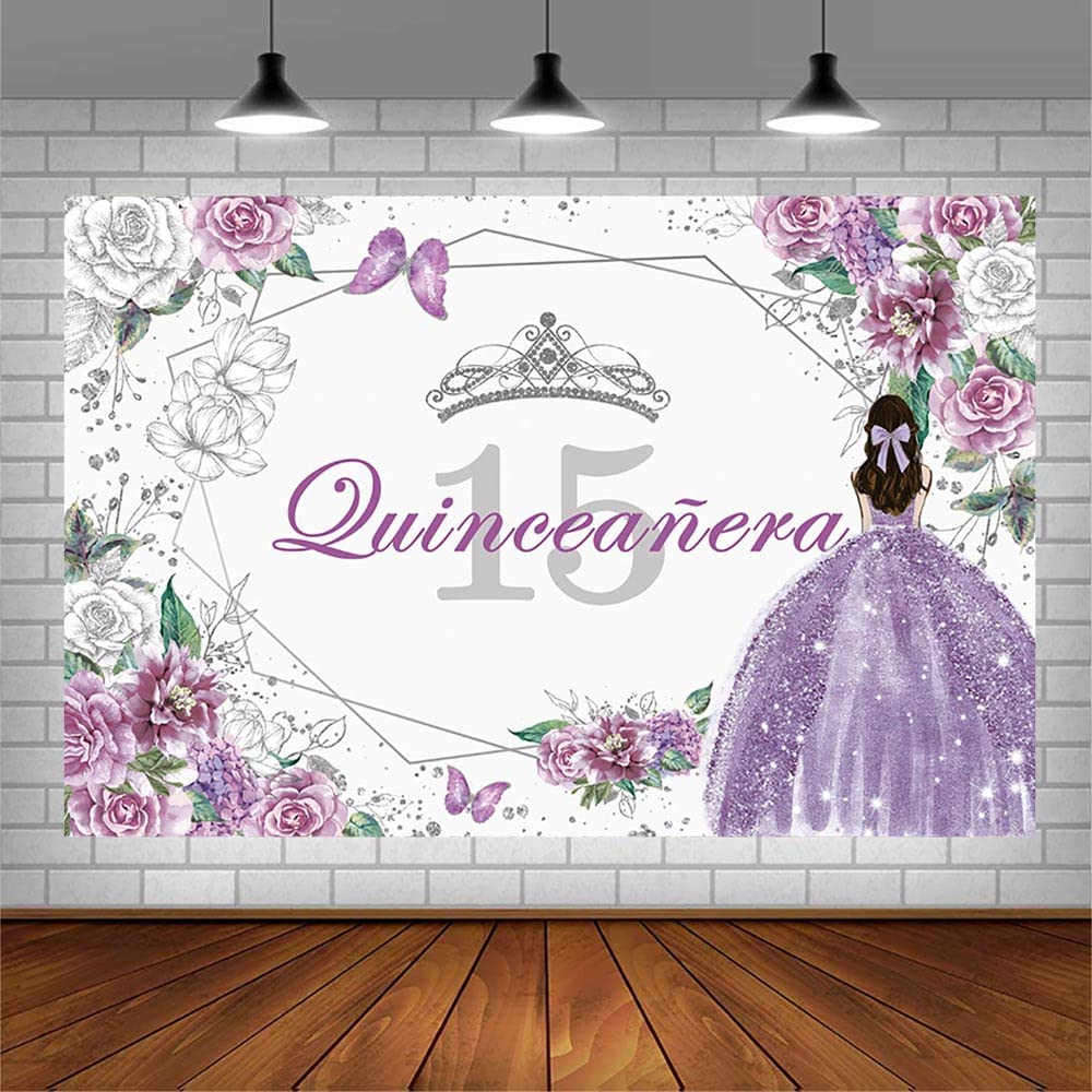 Sendy 7X5Ft Quinceanera 15Th Birthday Backdrop For Sweet Girl Mis Quince Anos 15Th Party Decorations Purple Silver Glitter Flora