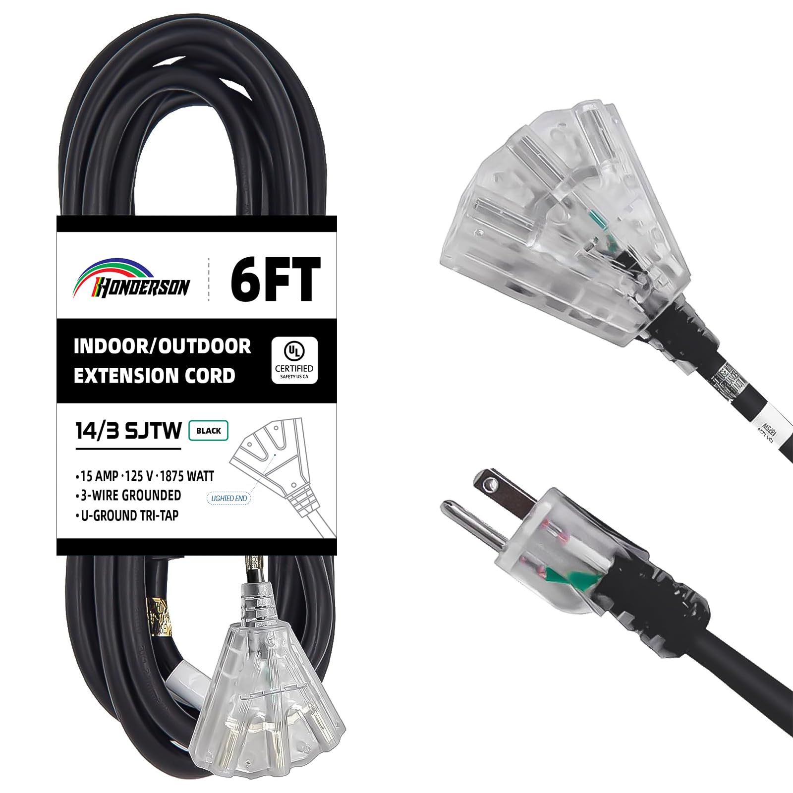 Honderson 3 Outlets Indoor Outdoor Extension Cord Weatherproof With Lighted End, Ul Listed, 14 Gauge 6Ft Black 3 Prong Heavy Dut
