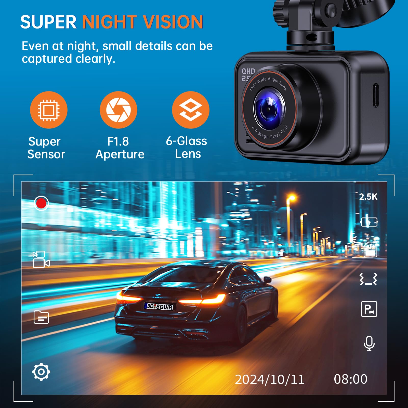 E Yeeger Dash Cam Front And Rear, 2.5K Dual Dash Camera For Cars, 2560P Mini Car Camera, 2 Inch Ips Screen, 32Gb Card Included,