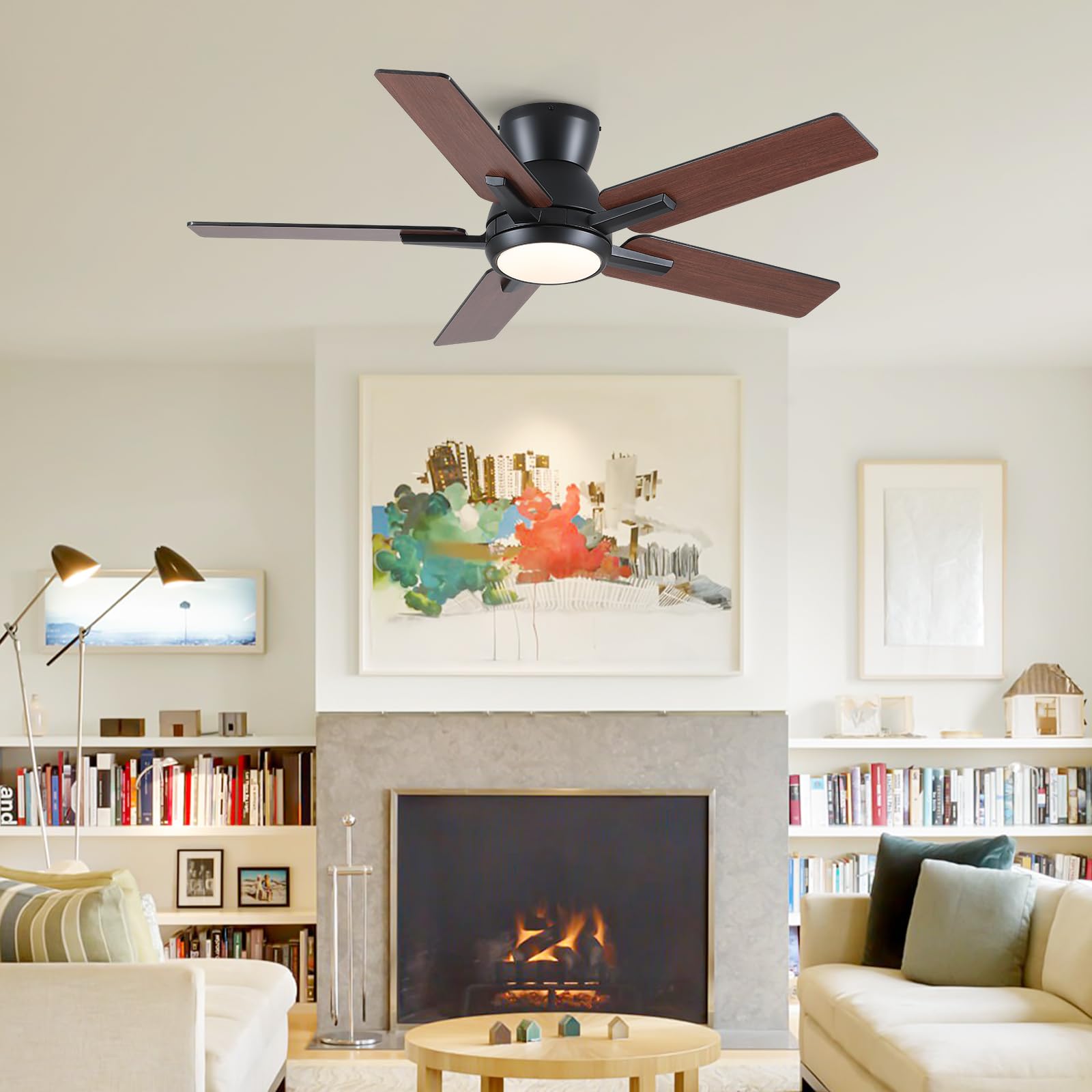 42 Inch Ceiling Fans With Lights,Black Low Profile Ceiling Fan With Light And Remote Control,Flush Mount,6 Speed Reversible Dc M