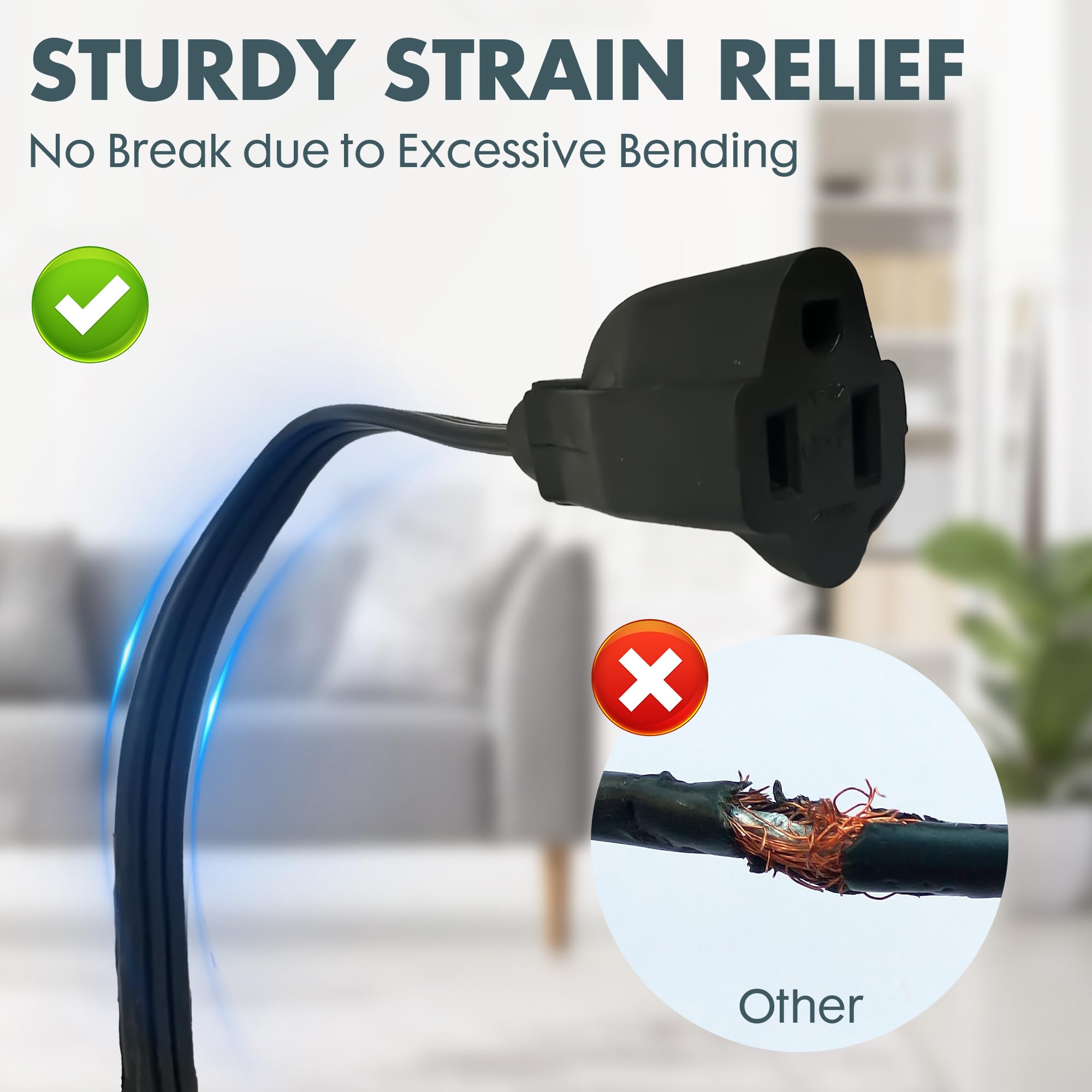 Palarine Black Flat Plug Extension Cord 12 Ft, Indoor Extension Cord, 16/3 Spt 3 13A 3 Prong Power Cord For Kitchens, Behind Fur