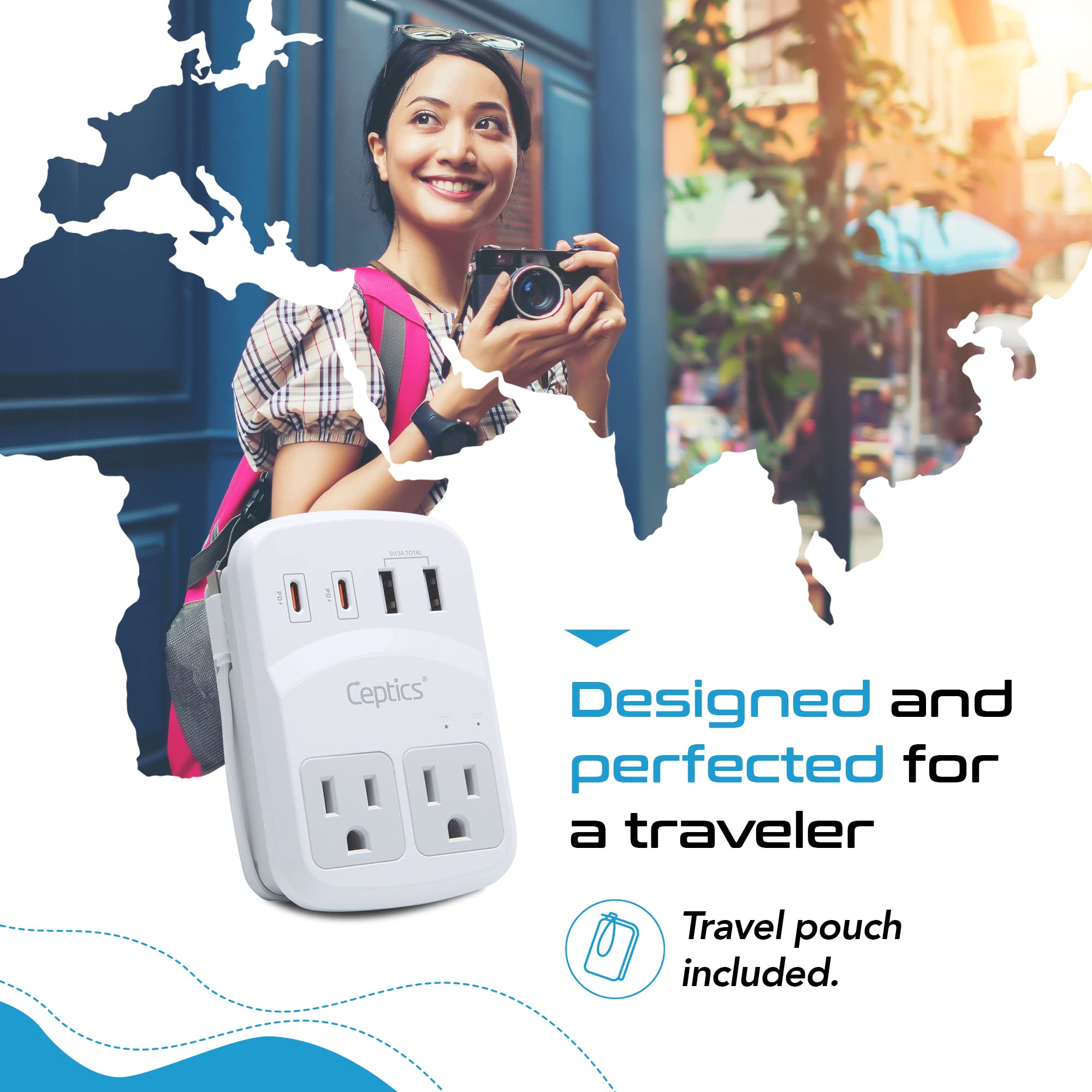 Ceptics World Travel Adapter Kit 2 Usb-A, Usb-C Us Outlets, 20W/Qc 18W Power Delivery, Surge Protection, Swadapt Compatible For