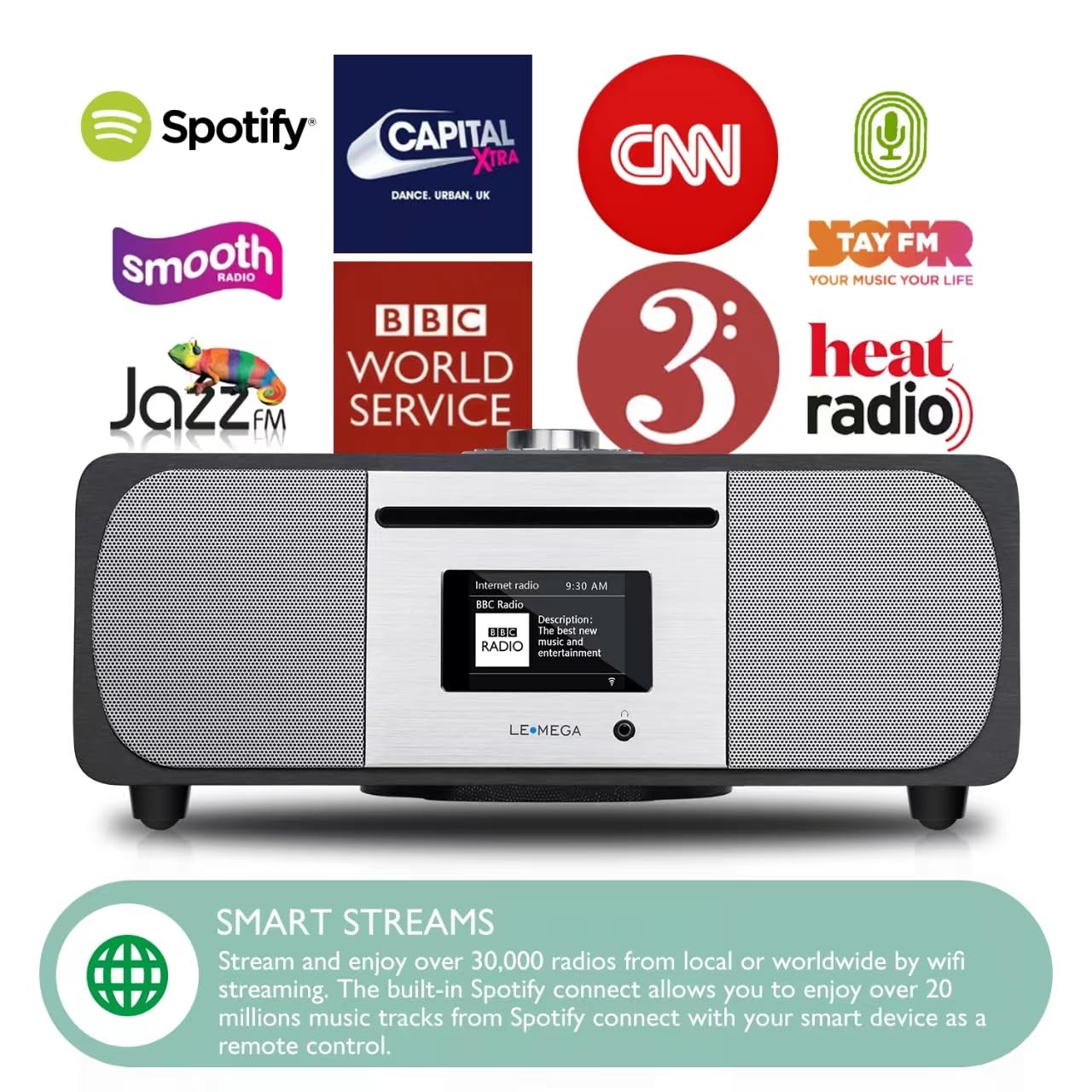 Lemega M5P Internet Radio With Cd Player For Home, Wifi Radio, Fm Digital Radio, Bluetooth Speaker, Spotify Connect,35W Home Stereo System,Usb Player,Dual Alarms Clock, Oktiv App Control Dark Walnut