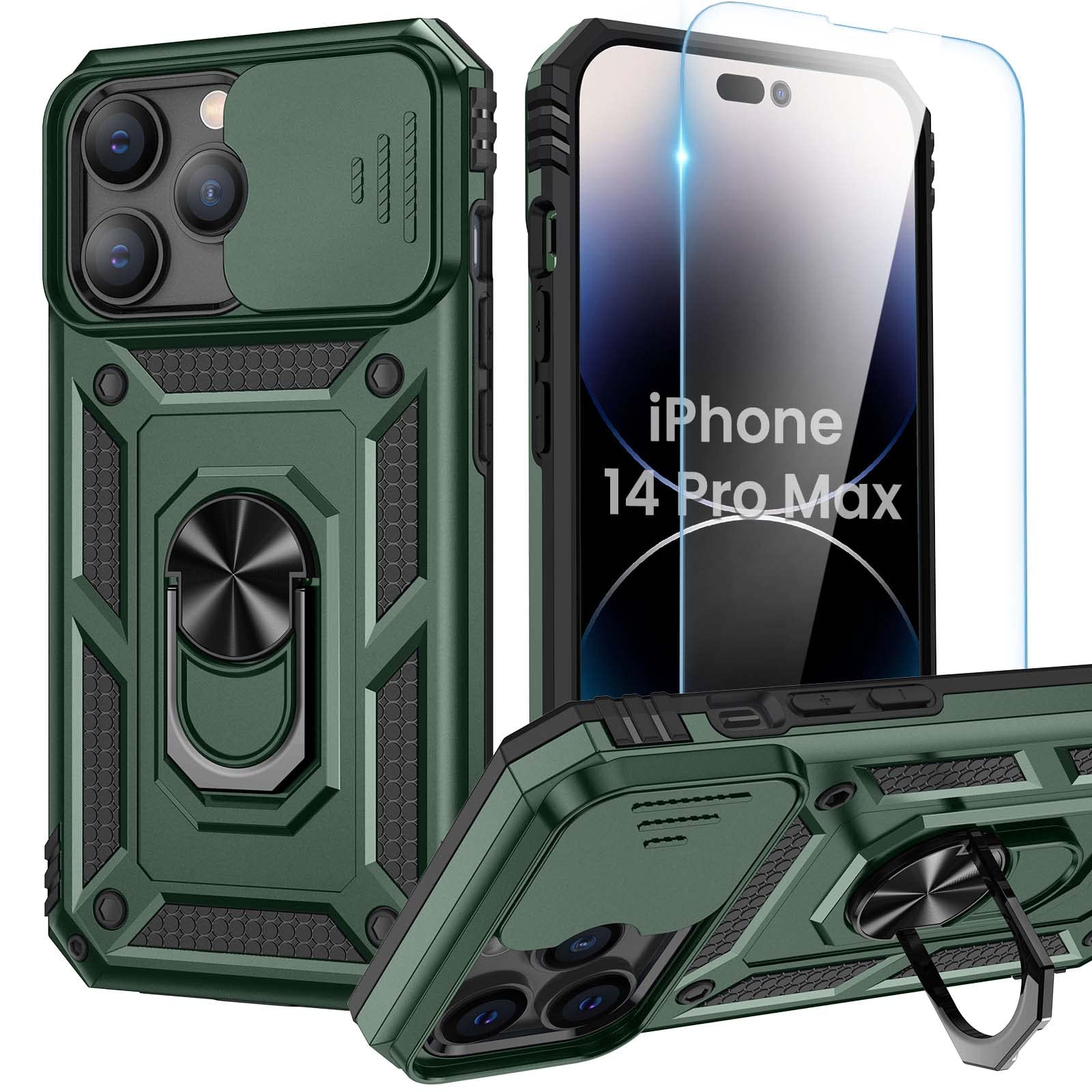 Goton For Iphone 14 Pro Max Case With Screen Protector   Slide Camera Cover Phone Case With Ring Stand, Heavy Duty Military Grad